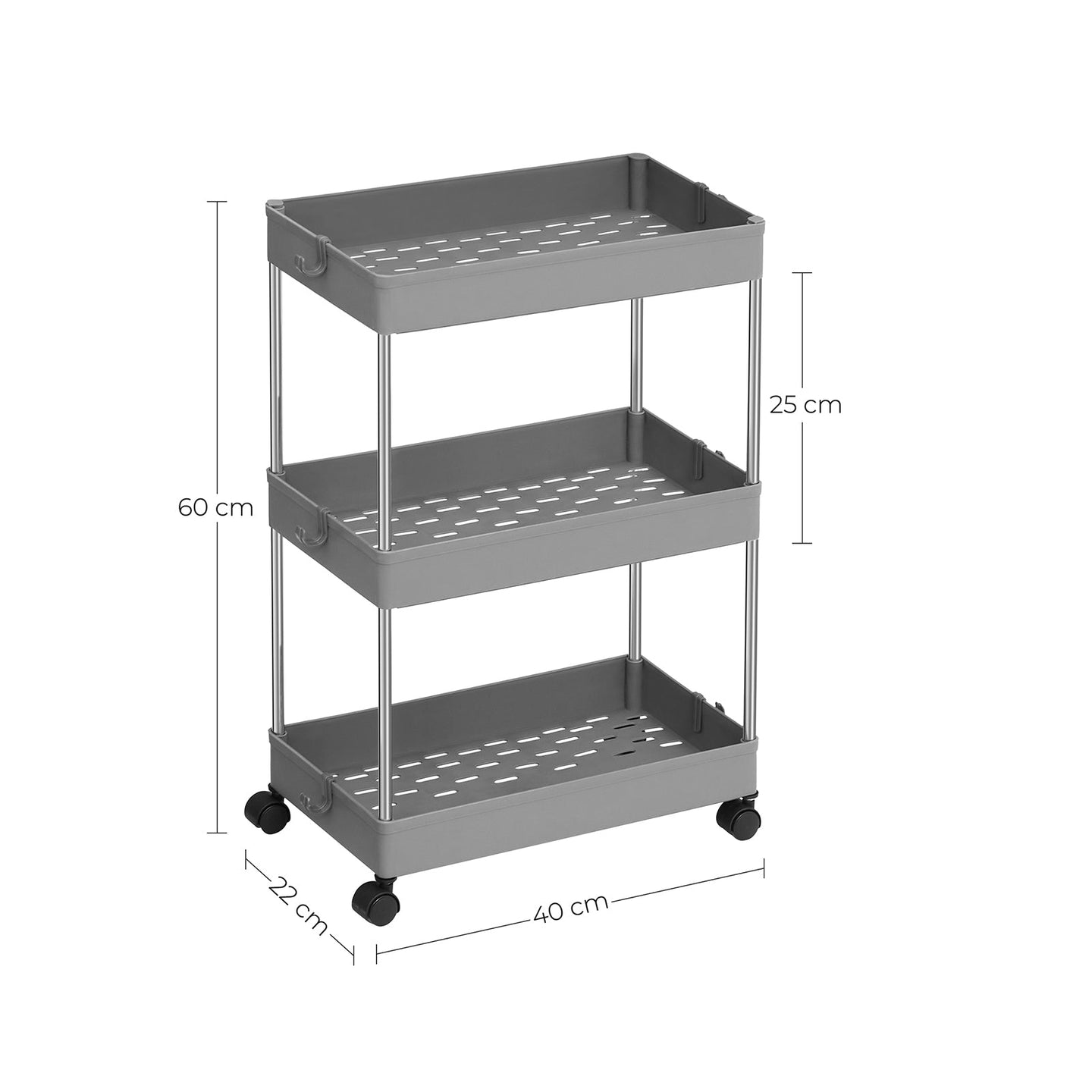 3-Tier Storage Trolley - Plastic - Grey - Rolling Wheels with Hooks