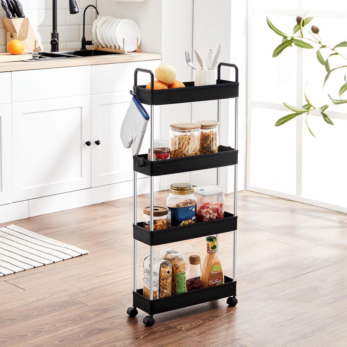 Narrow Storage Cart - Metal - Black - 4-Tier with Handles and Wheels