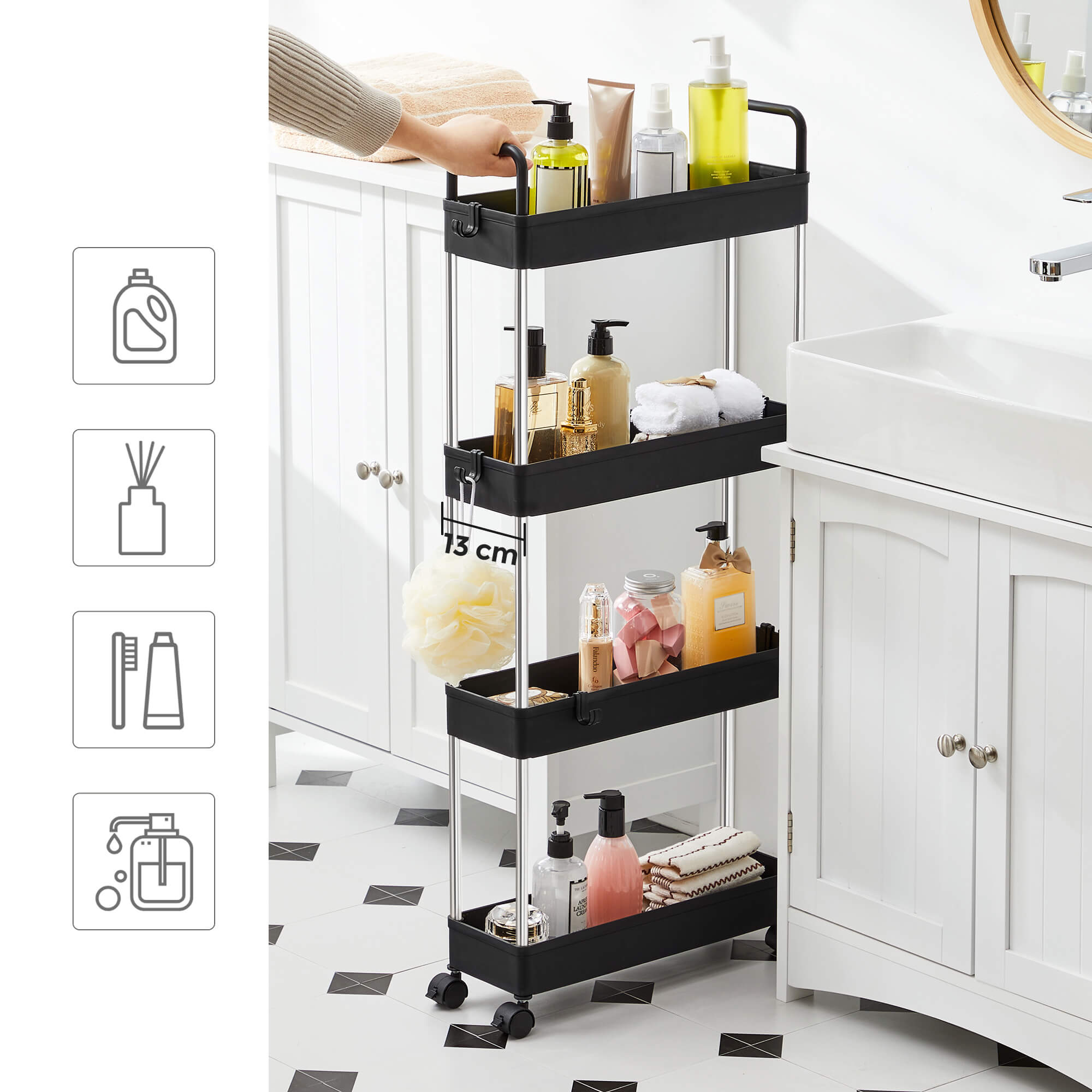 Narrow Storage Cart - Metal - Black - 4-Tier with Handles and Wheels