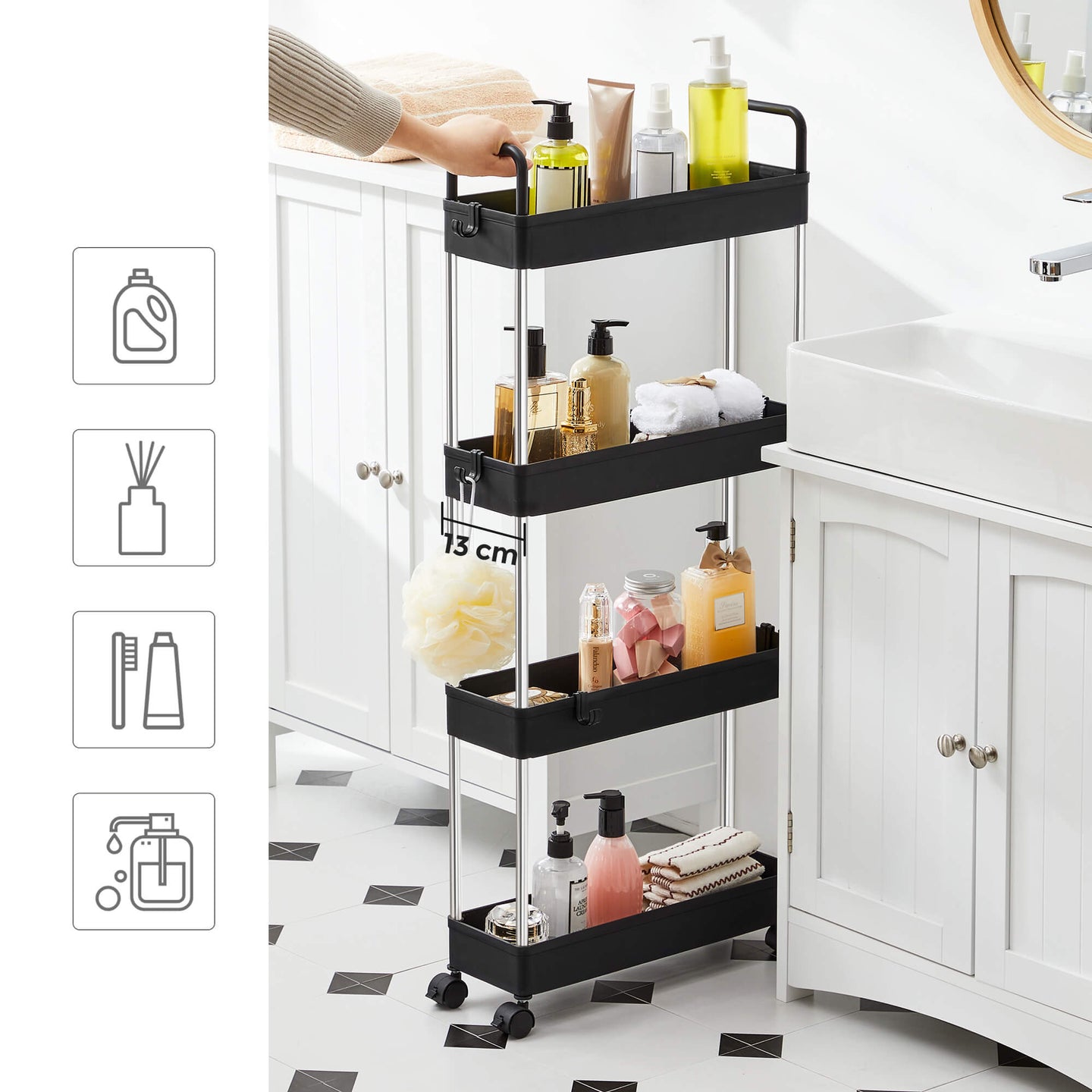 Narrow Storage Cart - Metal - Black - 4-Tier with Handles and Wheels