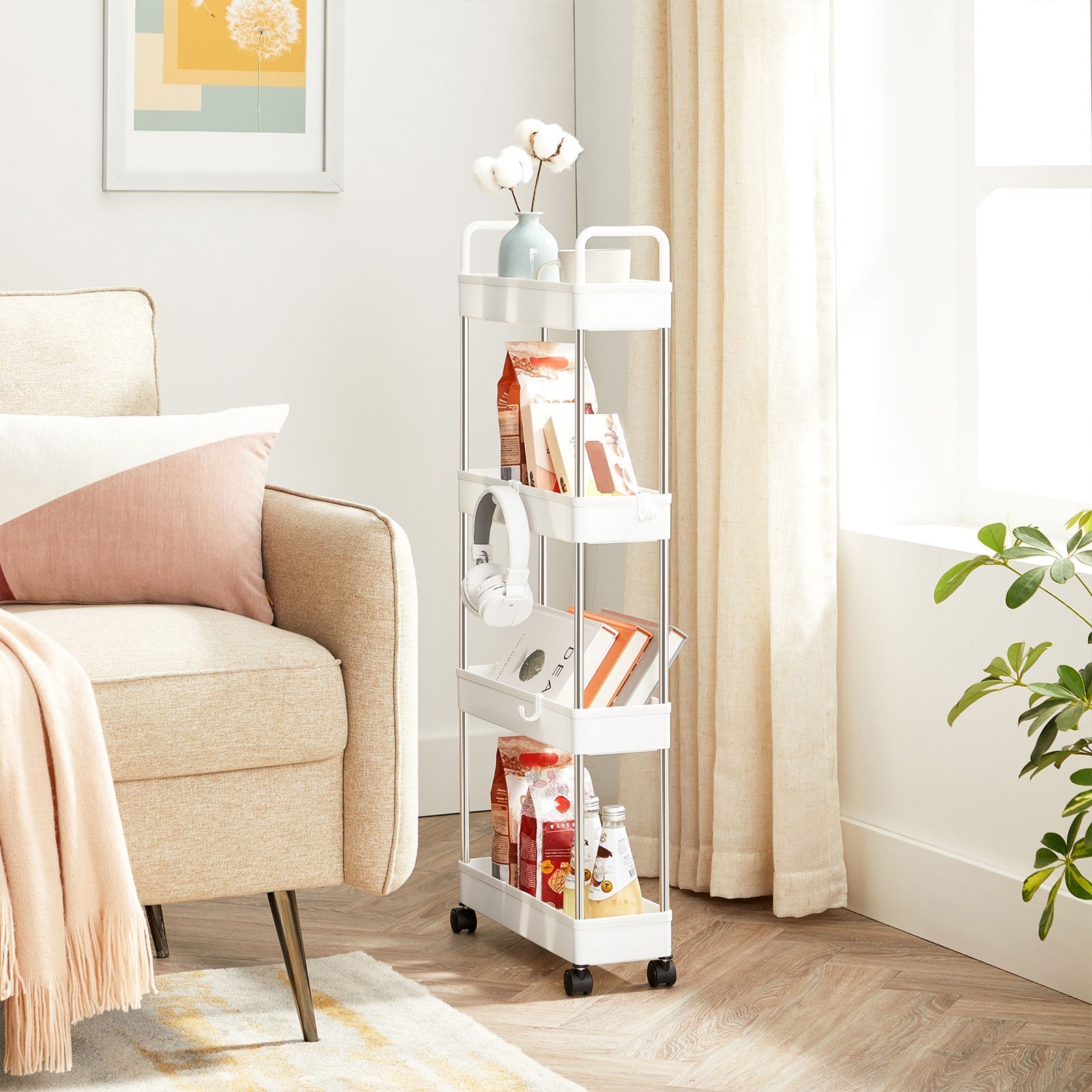 Narrow Storage Cart - Metal - White - 4-Tier with Wheels and Handles