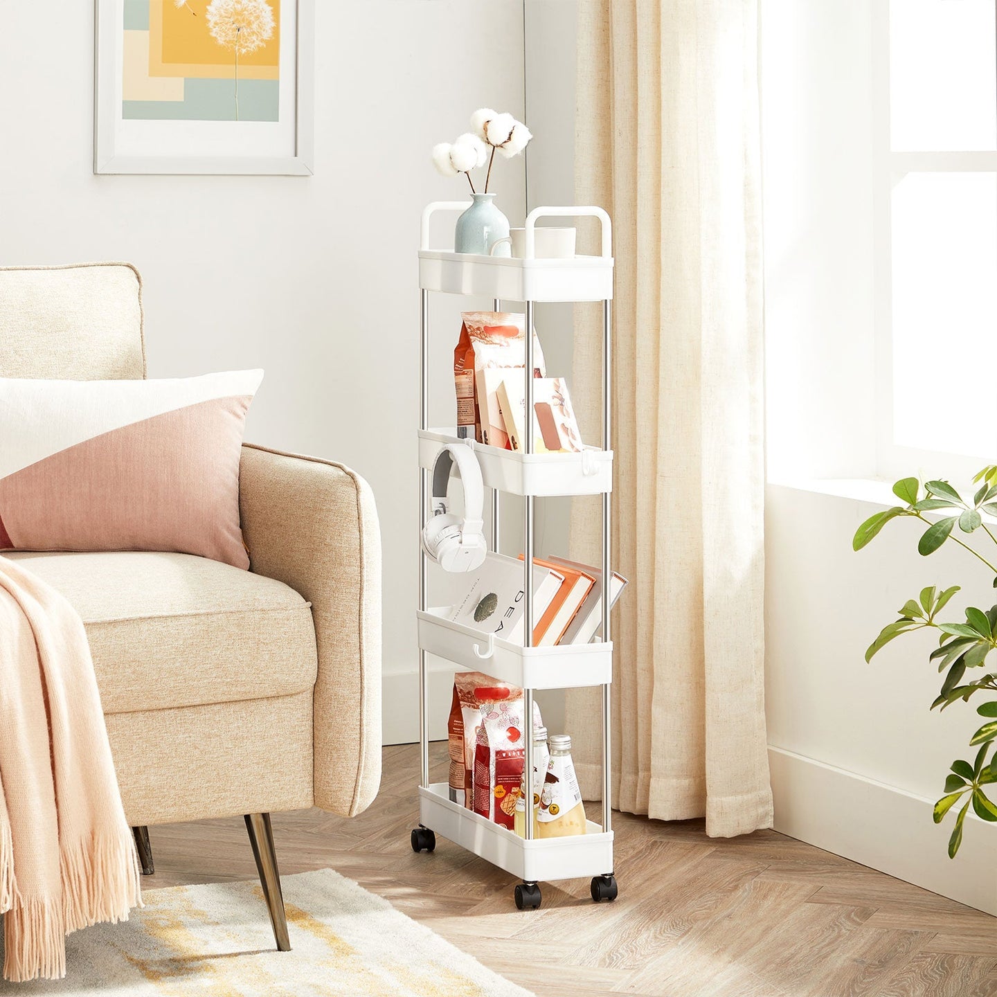 Narrow Storage Cart - Metal - White - 4-Tier with Wheels and Handles