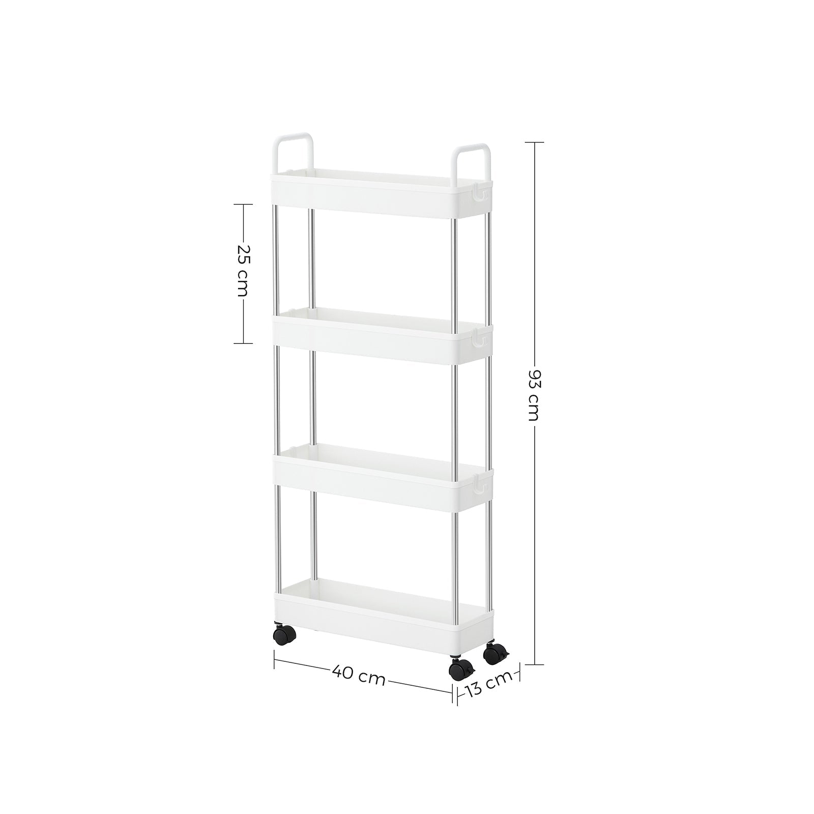 Narrow Storage Cart - Metal - White - 4-Tier with Wheels and Handles
