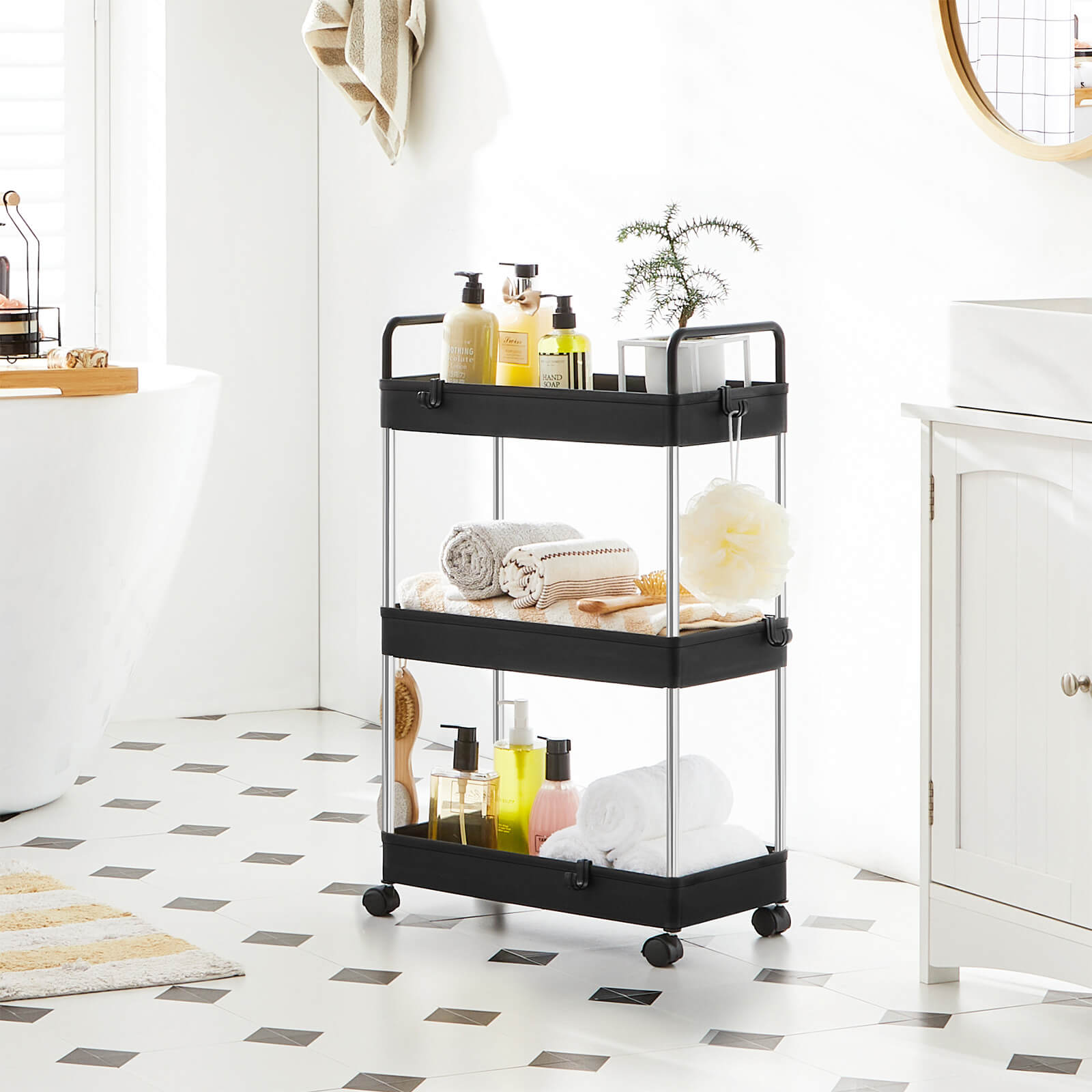 Storage Cart - Plastic - Black - 3-Tier with Wheels and Handles