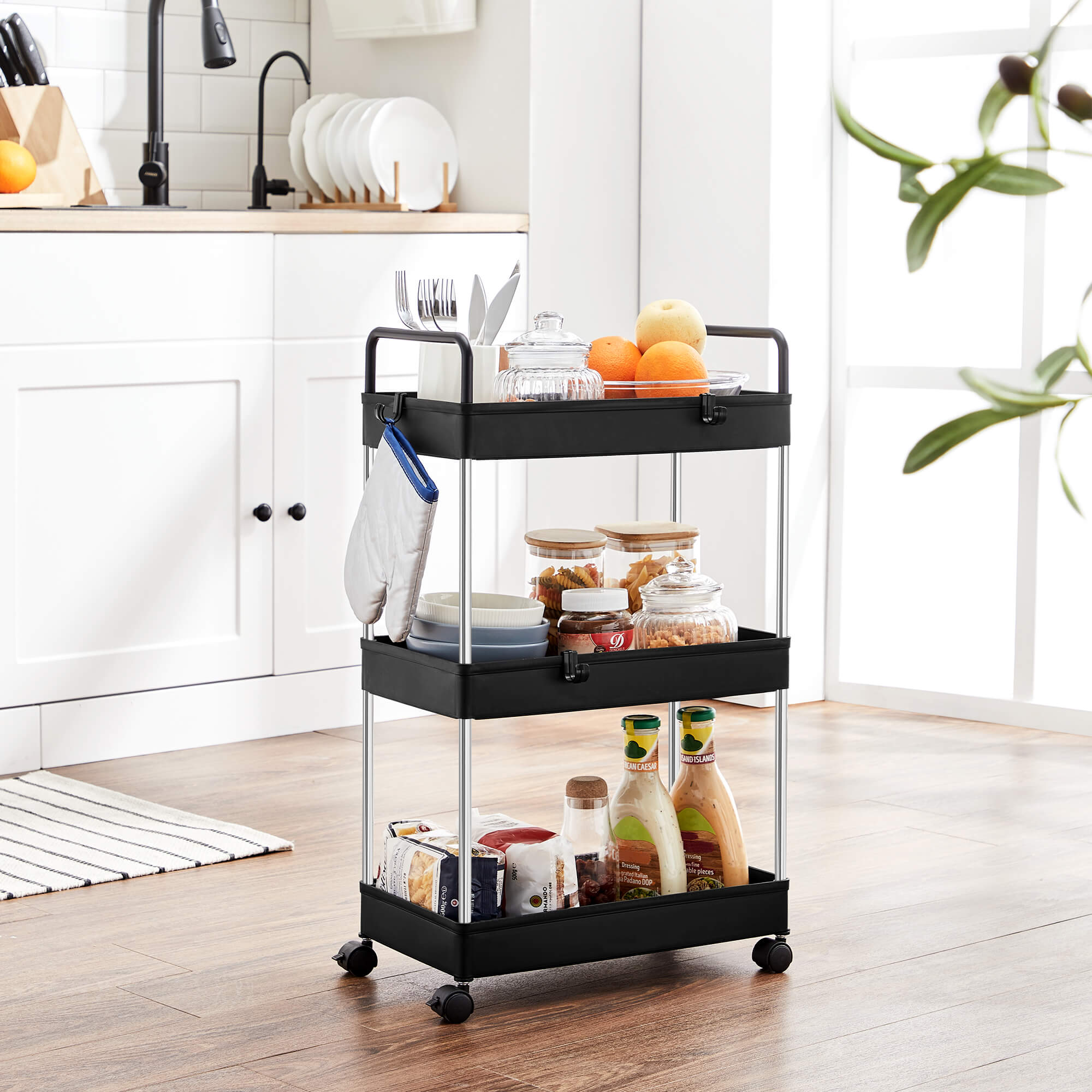 Storage Cart - Plastic - Black - 3-Tier with Wheels and Handles