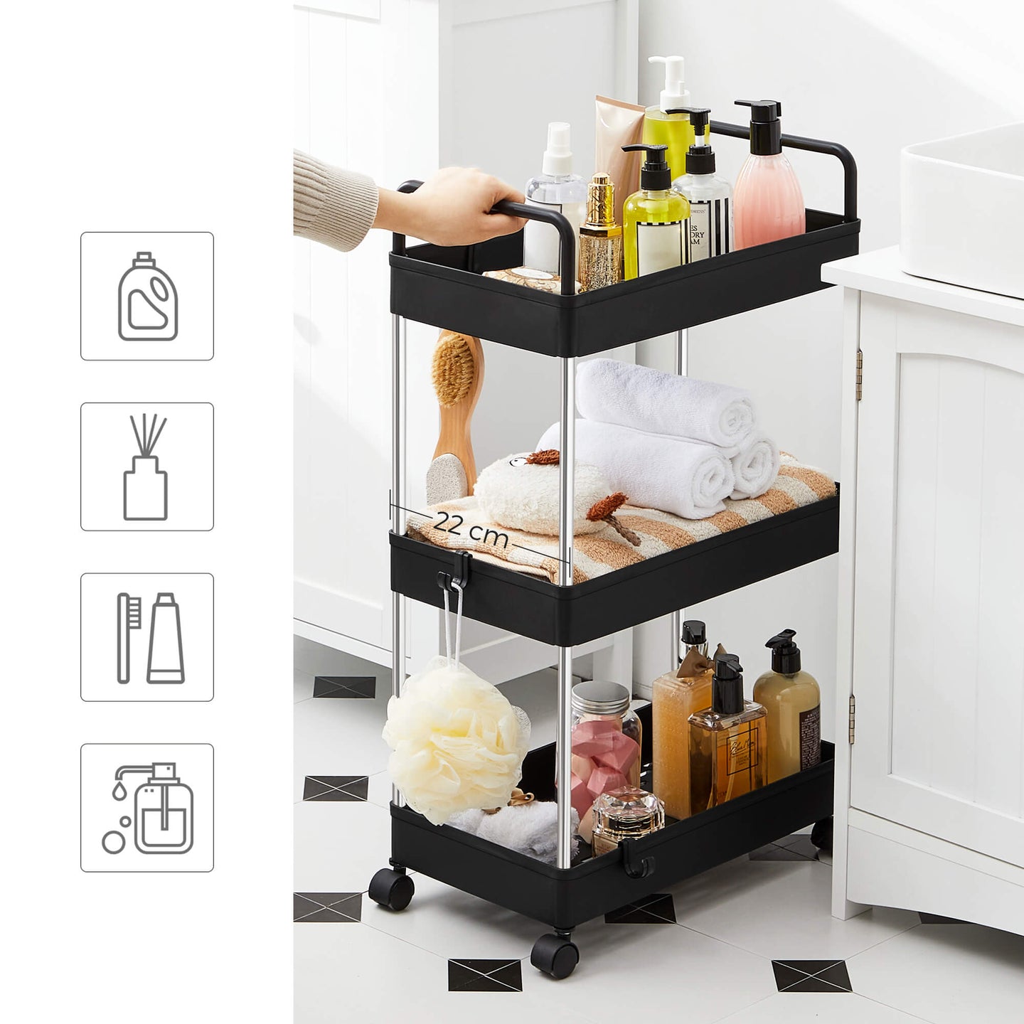 Storage Cart - Plastic - Black - 3-Tier with Wheels and Handles