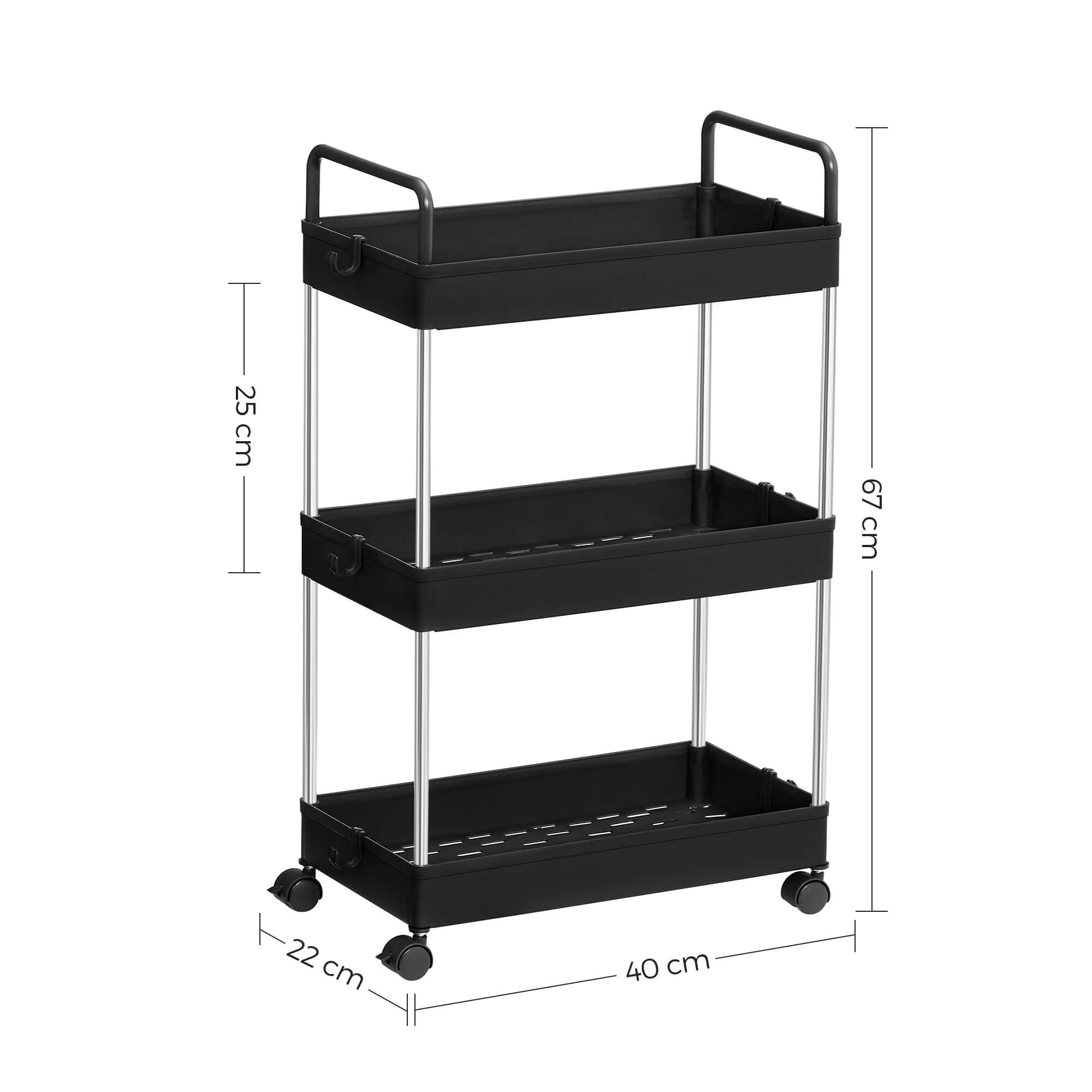 Storage Cart - Plastic - Black - 3-Tier with Wheels and Handles