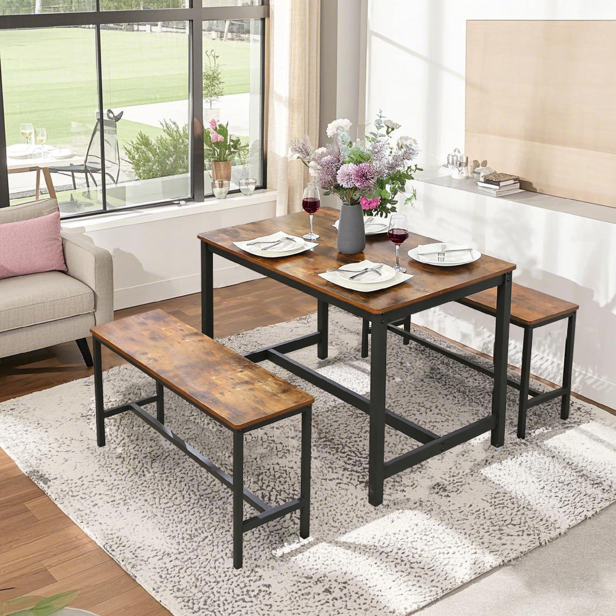 Set of 2 Dining Room Benches - Metal - Rustic Brown and Black - Sturdy Frame for Kitchen and Living Room