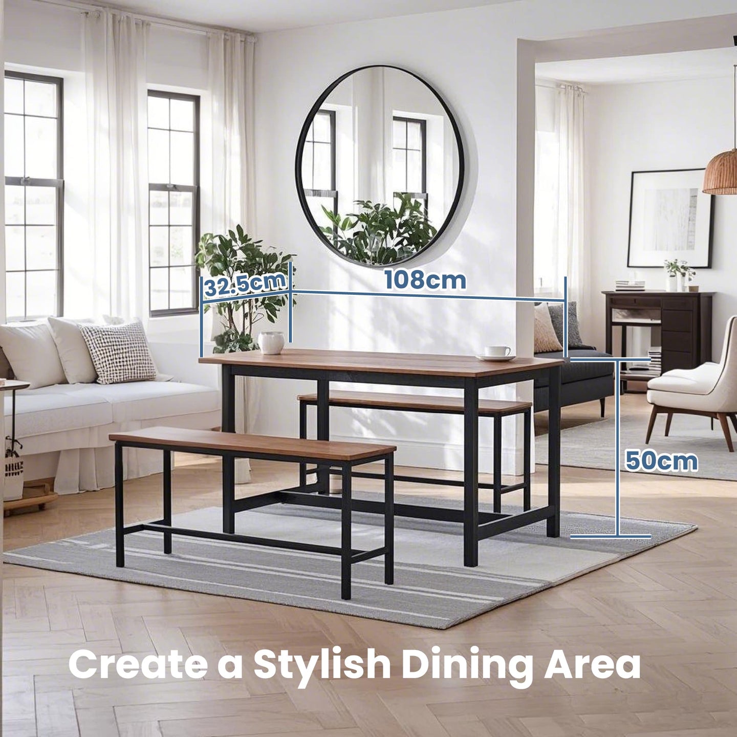 Set of 2 Dining Room Benches - Metal - Rustic Brown and Black - Sturdy Frame for Kitchen and Living Room