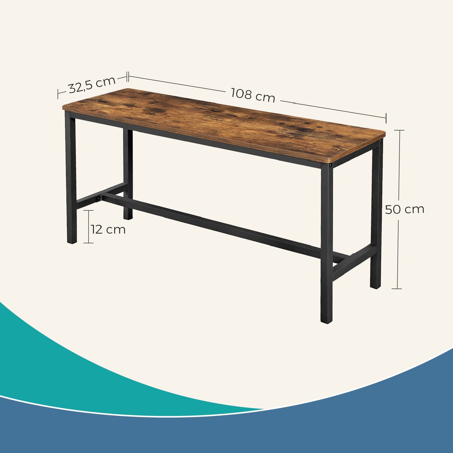 Set of 2 Dining Room Benches - Metal - Rustic Brown and Black - Sturdy Frame for Kitchen and Living Room