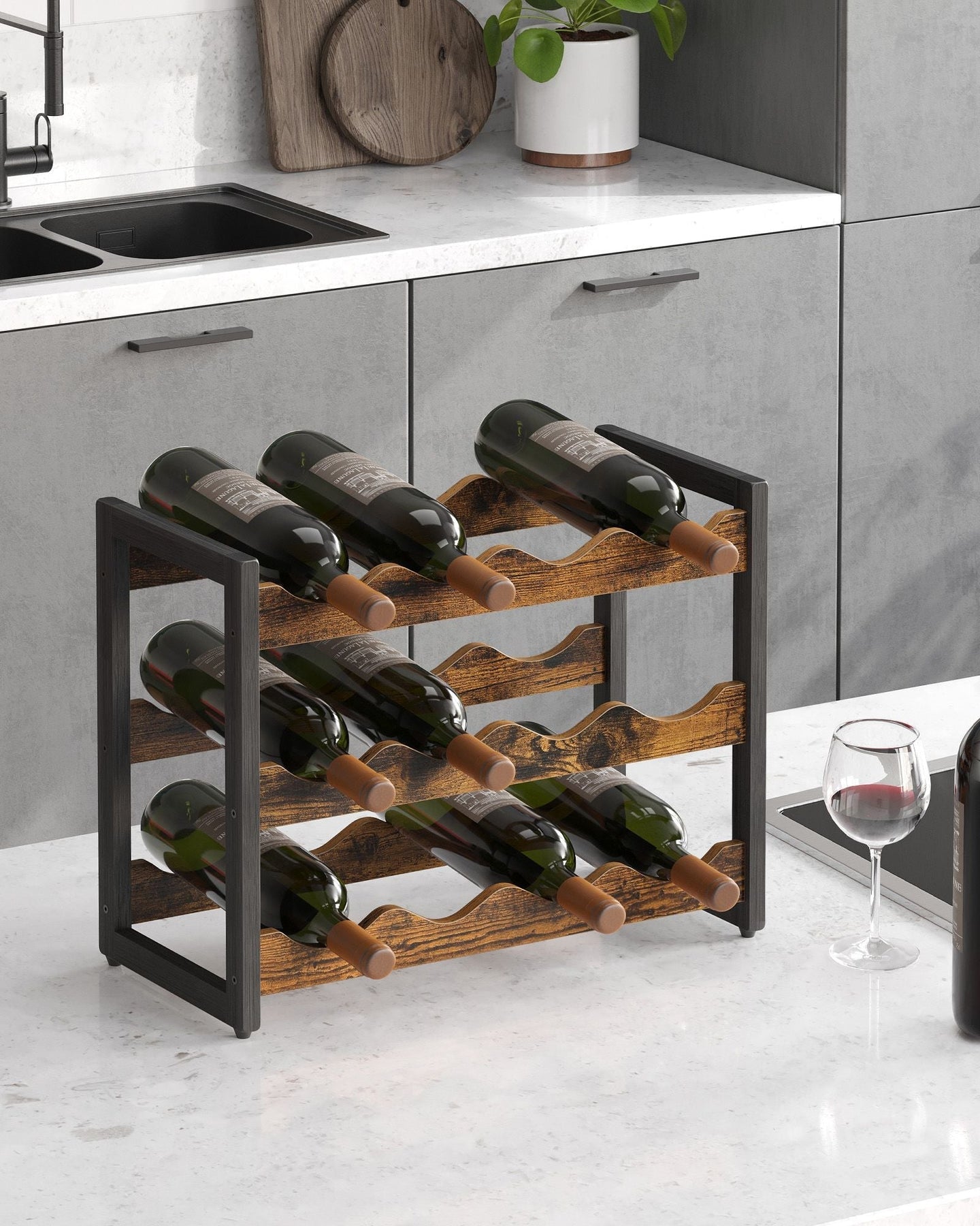 3-Tier Wine Storage Rack - Holds 12 Bottles - Bamboo - Rustic Brown and Black