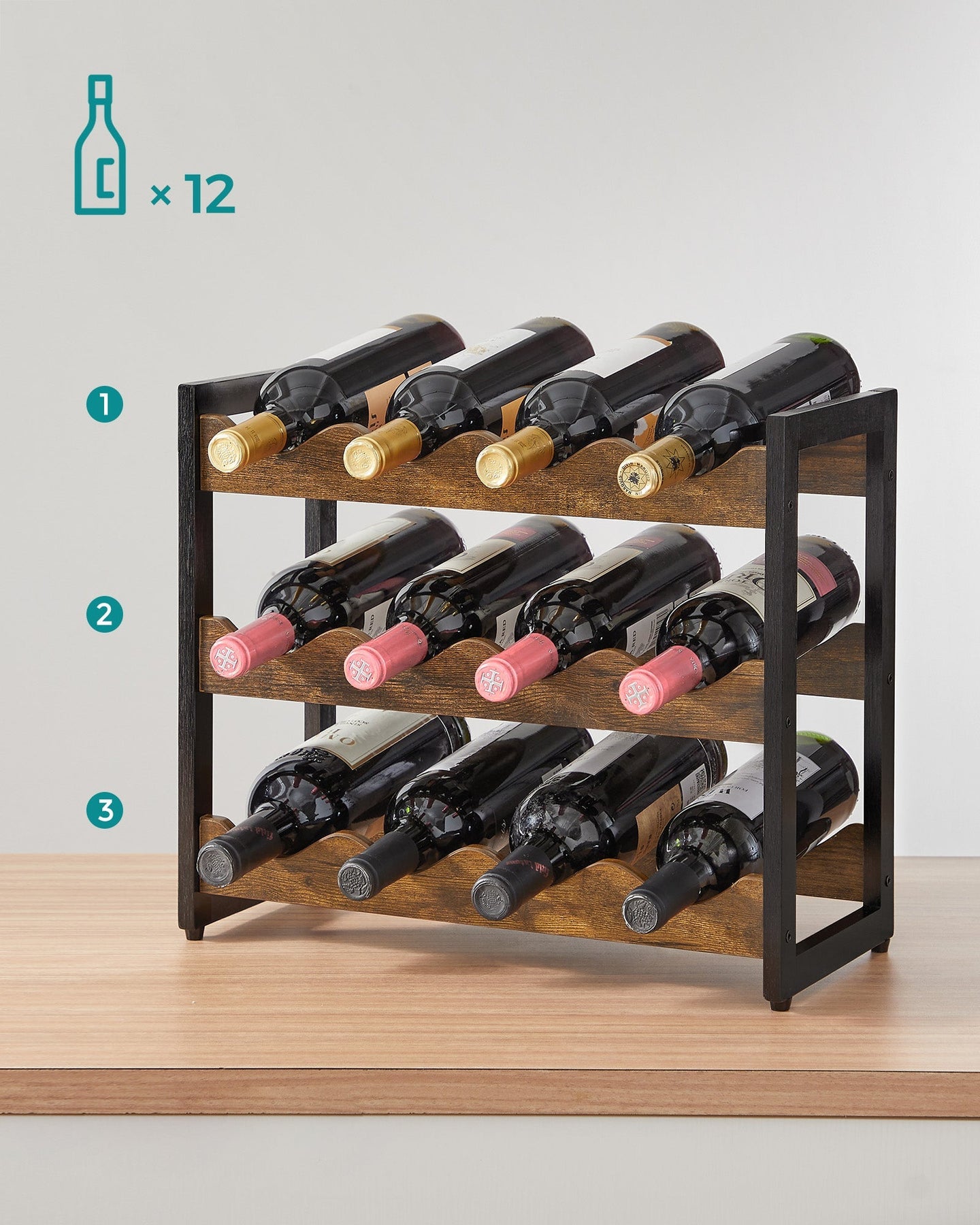 3-Tier Wine Storage Rack - Holds 12 Bottles - Bamboo - Rustic Brown and Black