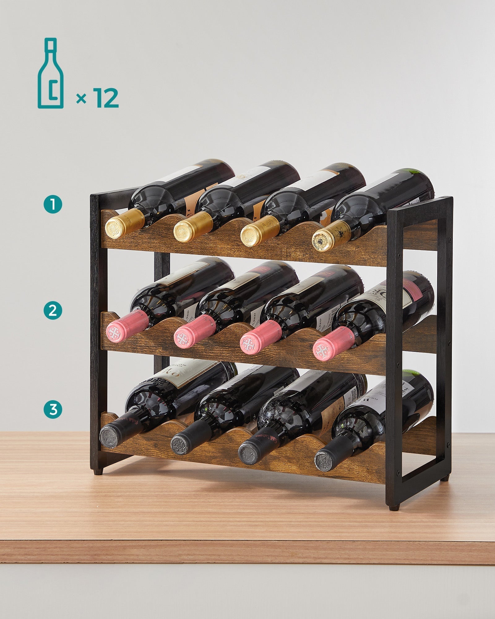 3-Tier Wine Storage Rack - Holds 12 Bottles - Bamboo - Rustic Brown and Black
