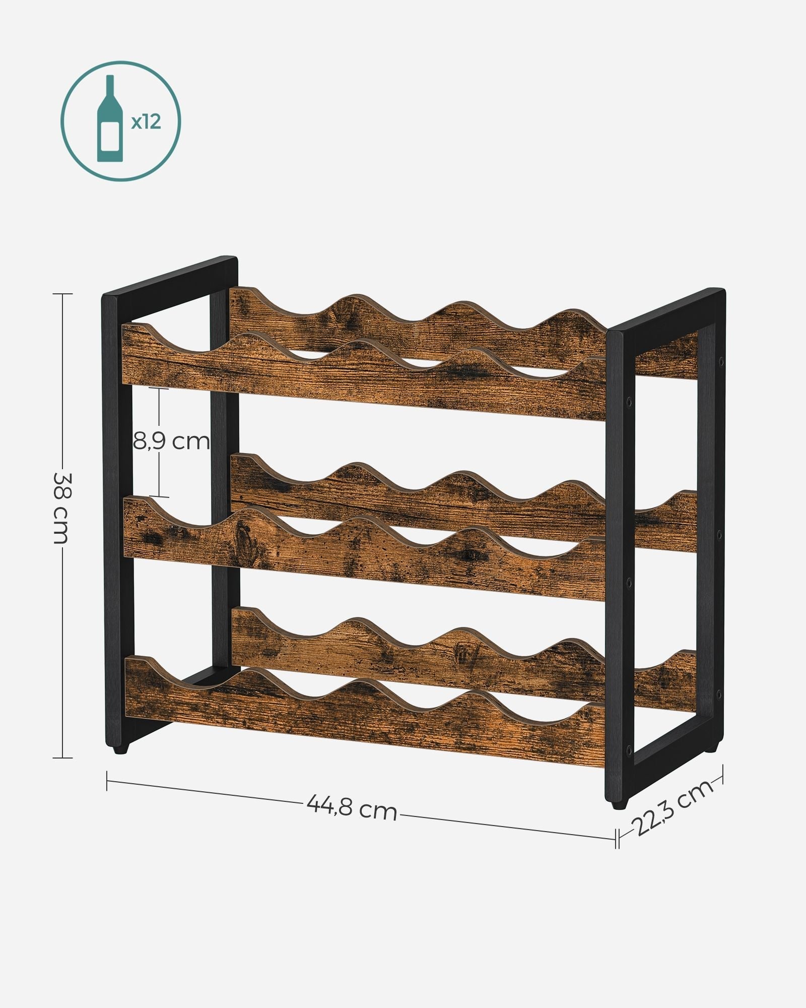 3-Tier Wine Storage Rack - Holds 12 Bottles - Bamboo - Rustic Brown and Black