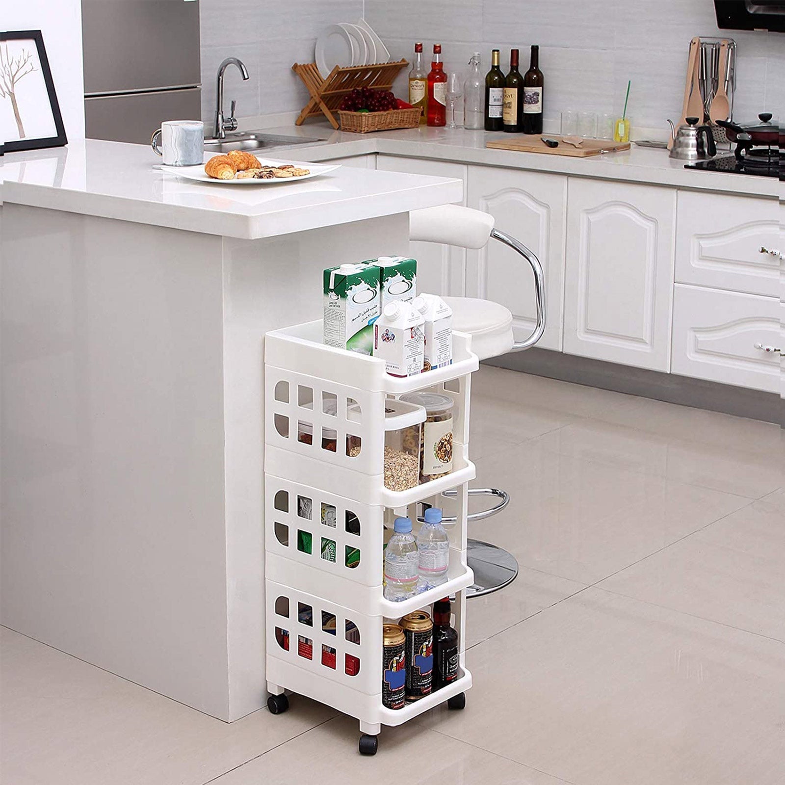 Rolling Kitchen Trolley - Plastic - White - 4 Tier with Casters for Utility and Organization