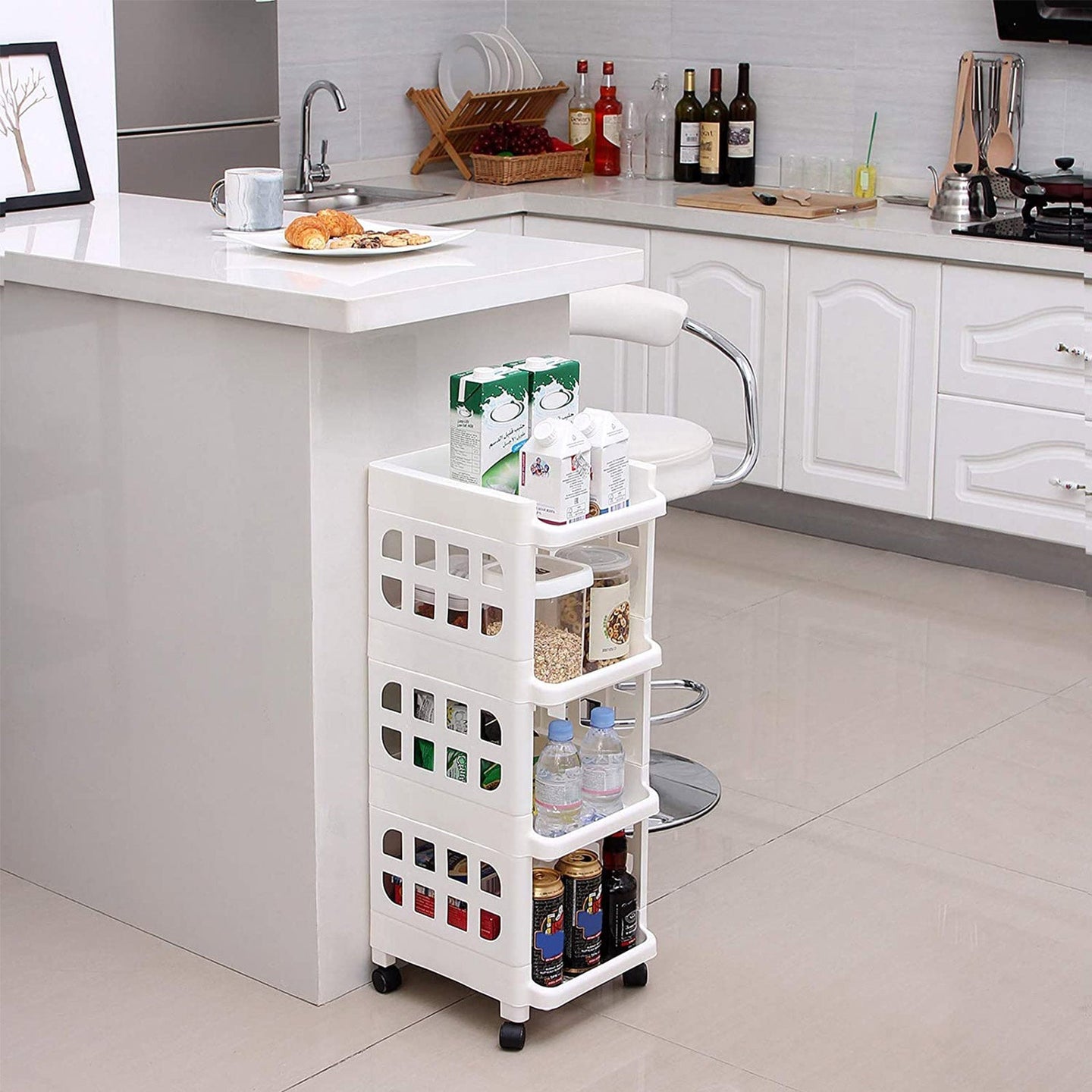 Rolling Kitchen Trolley - Plastic - White - 4 Tier with Casters for Utility and Organization