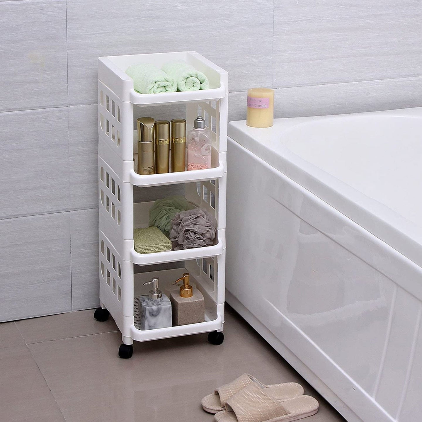 Rolling Kitchen Trolley - Plastic - White - 4 Tier with Casters for Utility and Organization