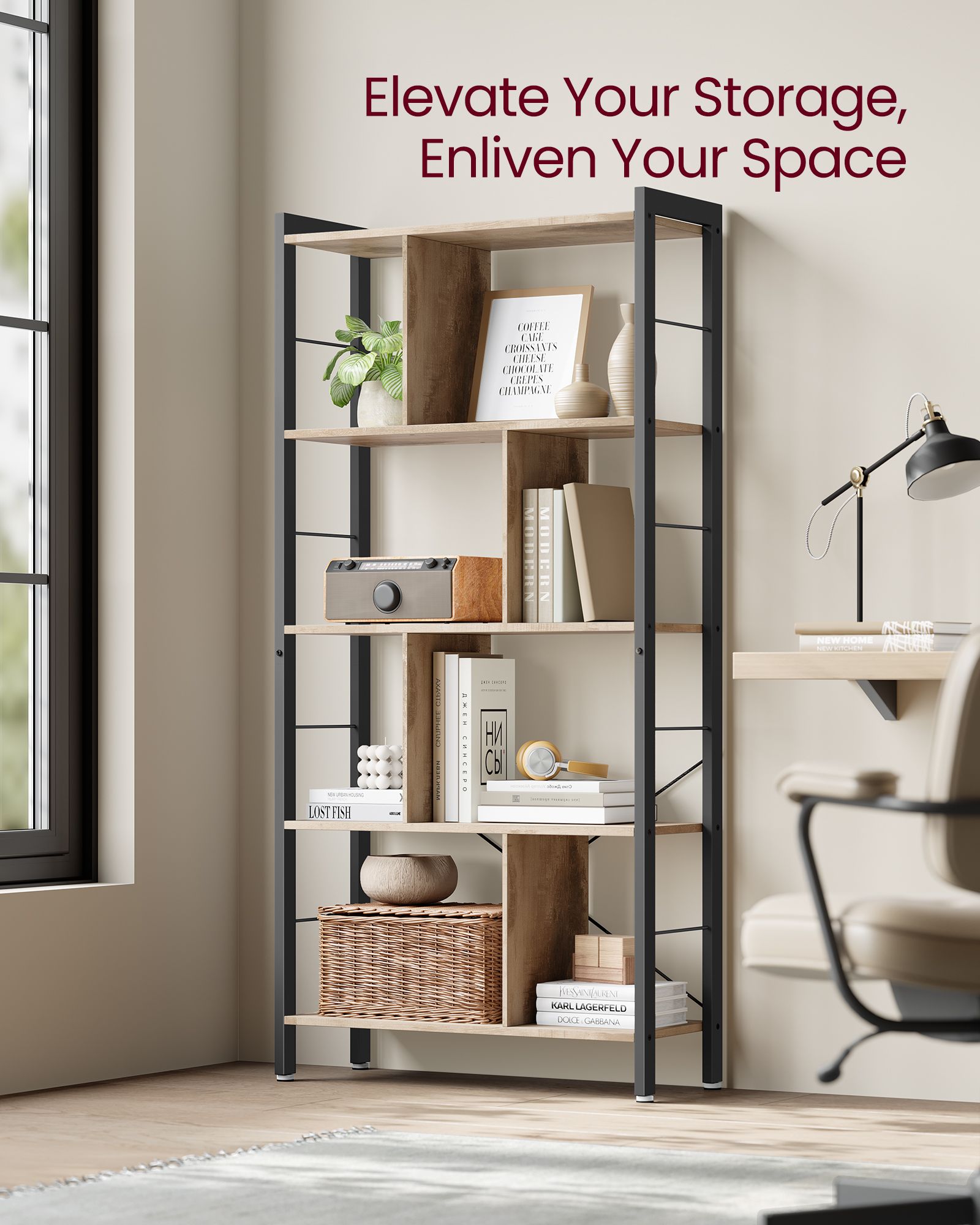 5-Tier Standing Bookshelf - Steel - Camel Brown - Large Storage Solution