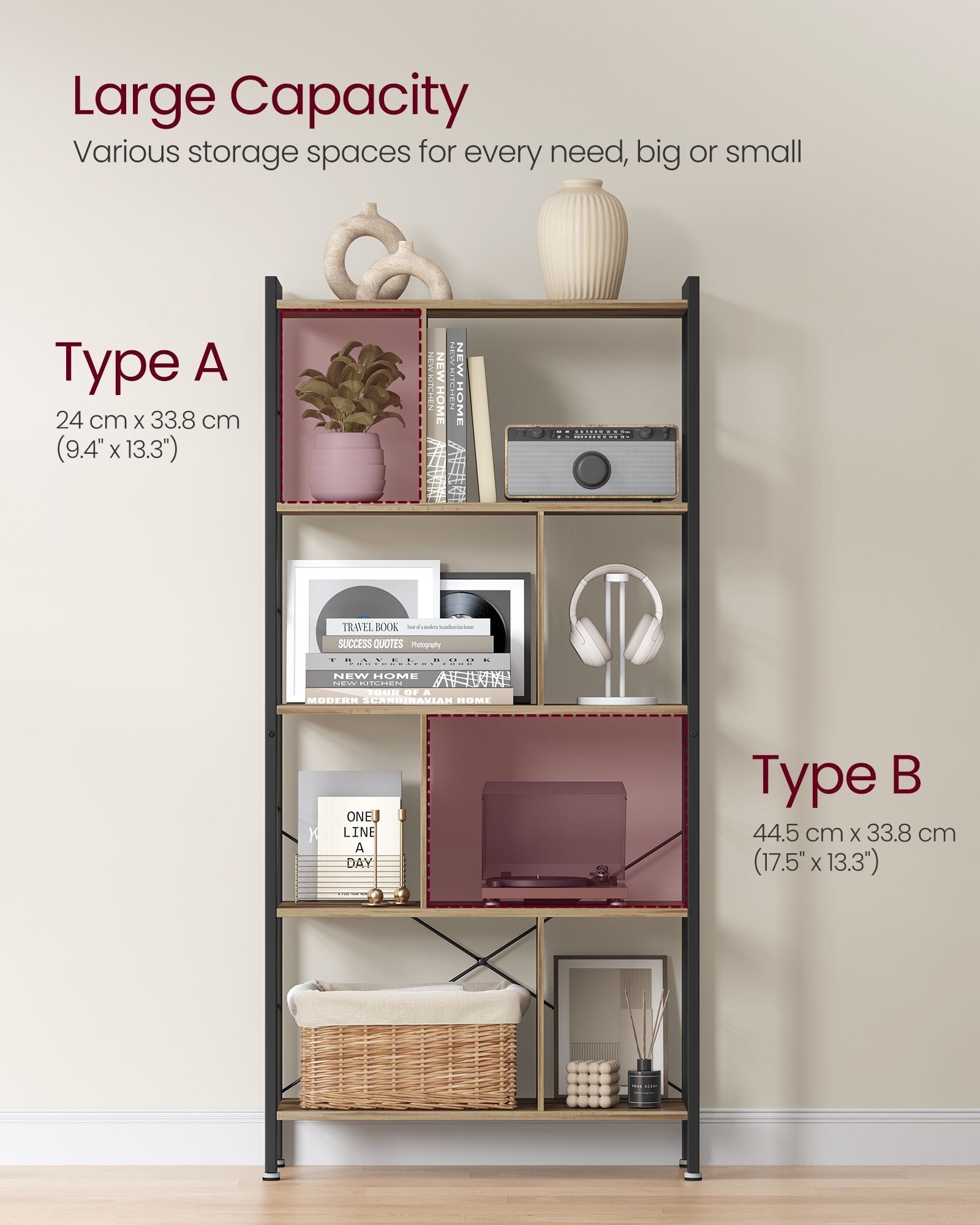 5-Tier Standing Bookshelf - Steel - Camel Brown - Large Storage Solution