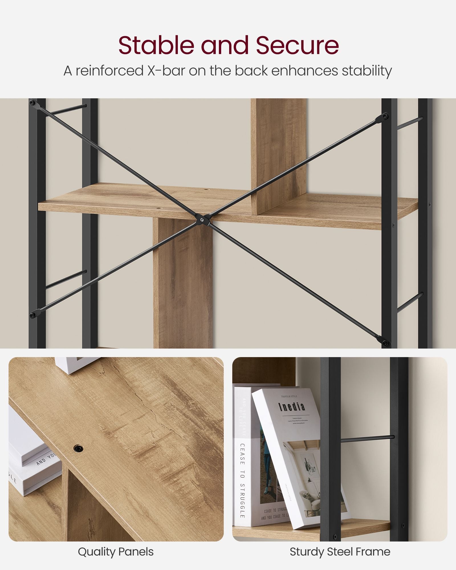 5-Tier Standing Bookshelf - Steel - Camel Brown - Large Storage Solution