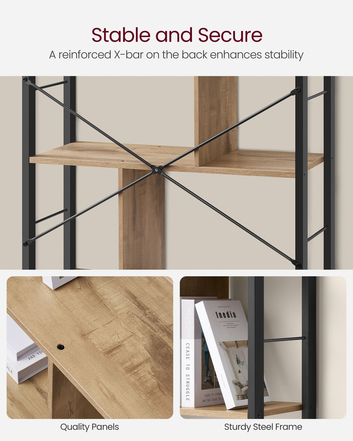 5-Tier Standing Bookshelf - Steel - Camel Brown - Large Storage Solution