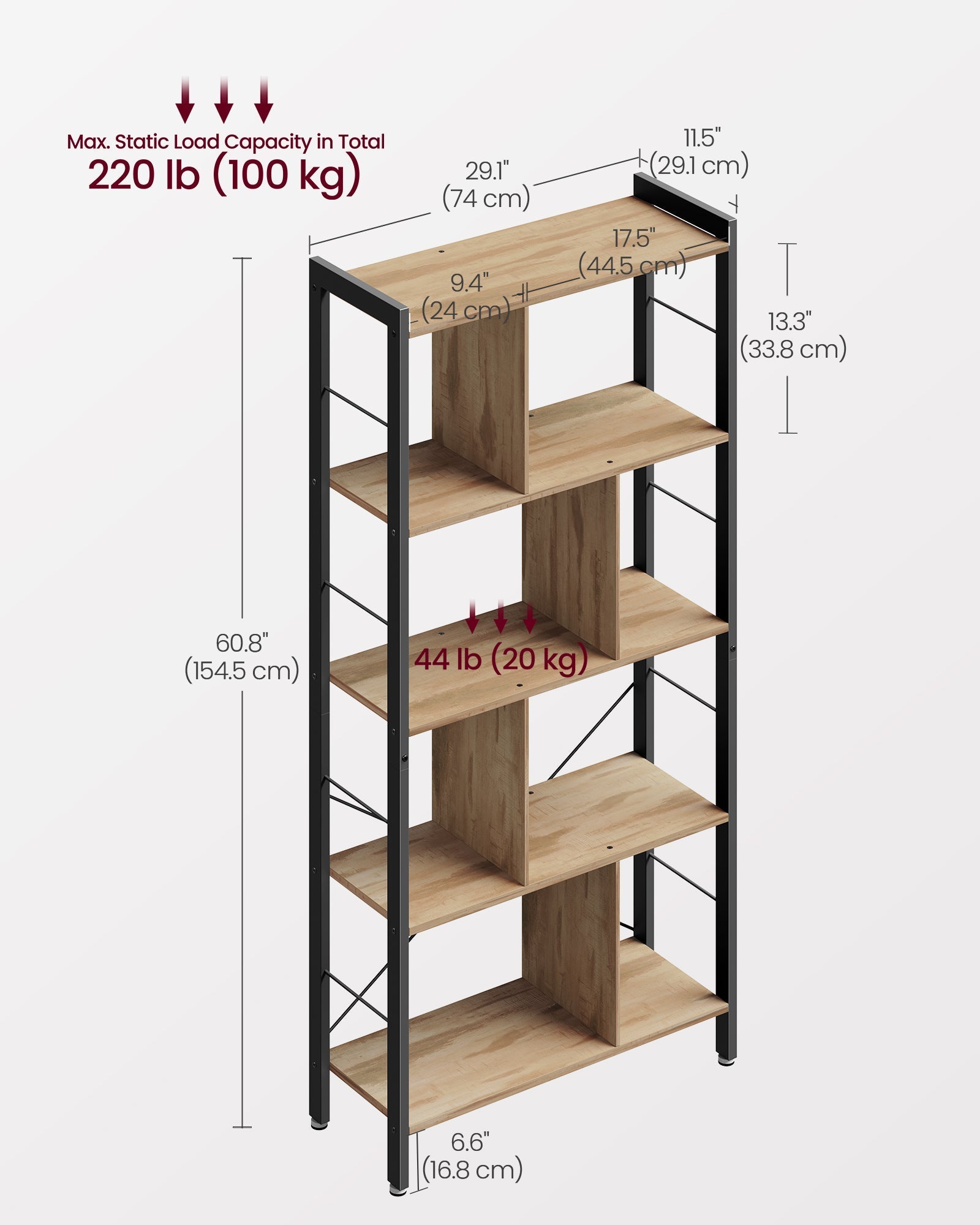 5-Tier Standing Bookshelf - Steel - Camel Brown - Large Storage Solution
