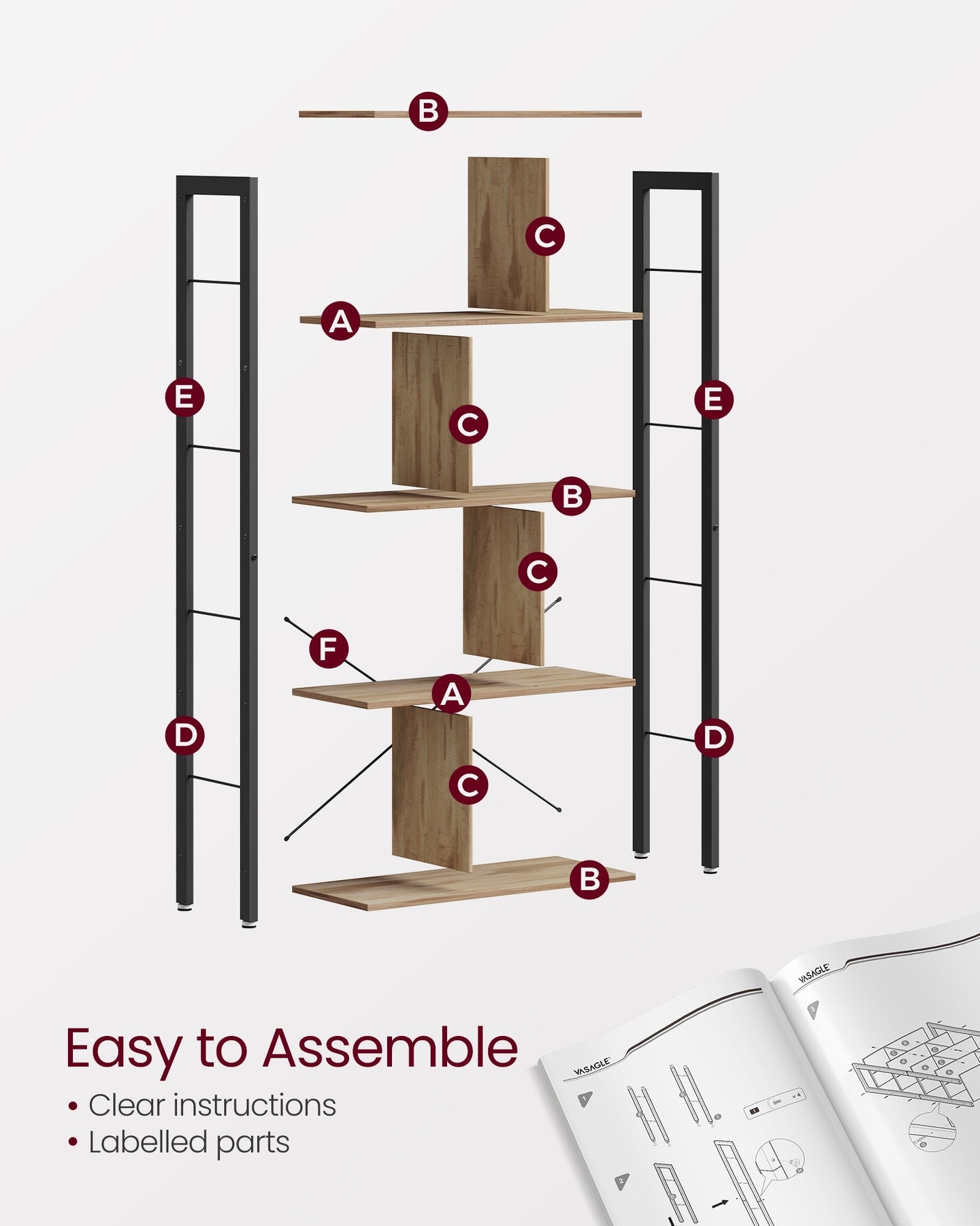 5-Tier Standing Bookshelf - Steel - Camel Brown - Large Storage Solution