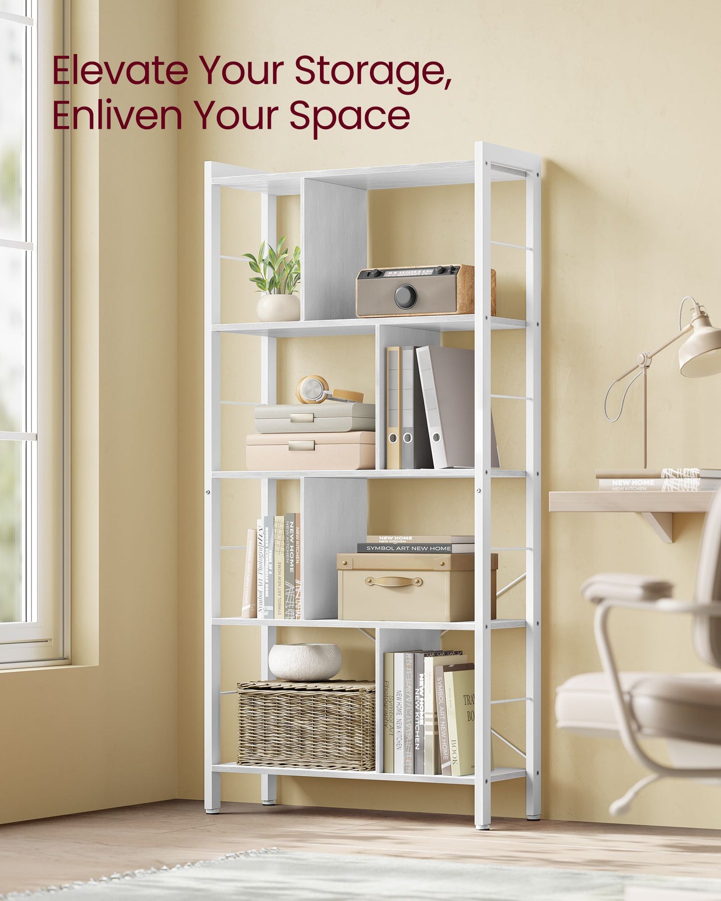 5-Tier Standing Bookshelf - Steel - Maple White - Stable Structure
