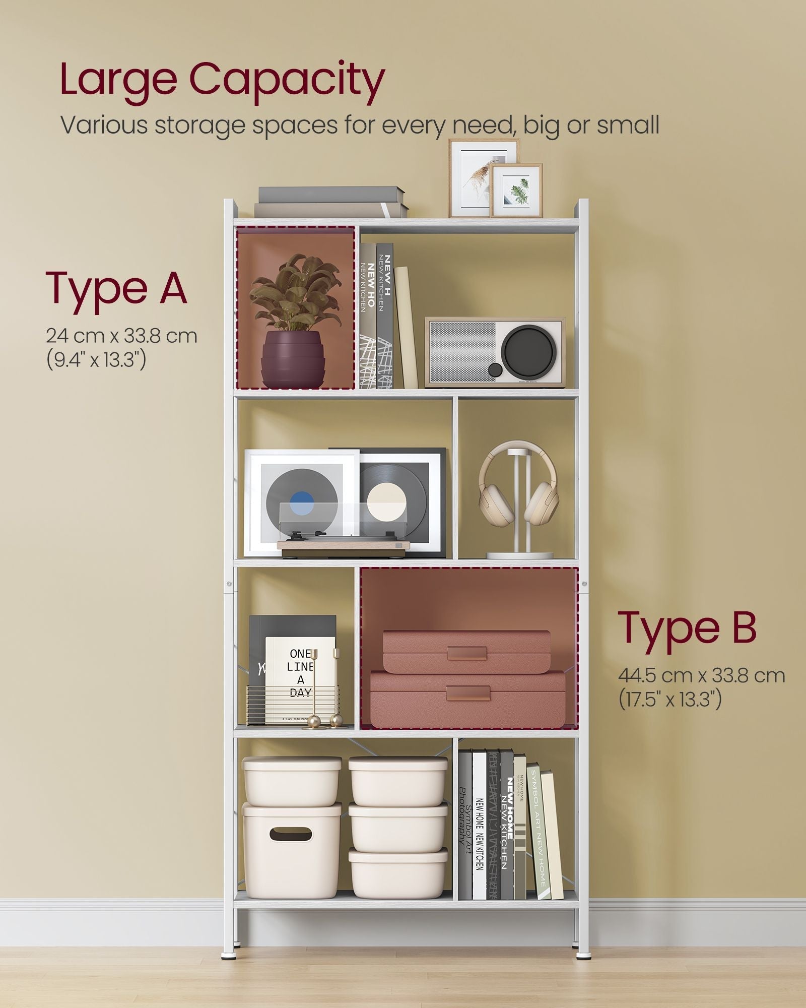 5-Tier Standing Bookshelf - Steel - Maple White - Stable Structure