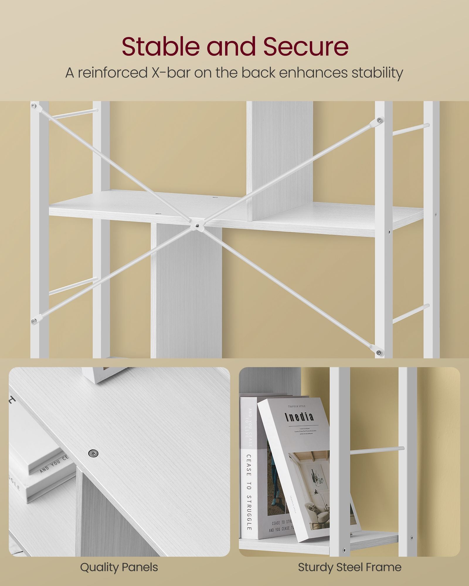 5-Tier Standing Bookshelf - Steel - Maple White - Stable Structure