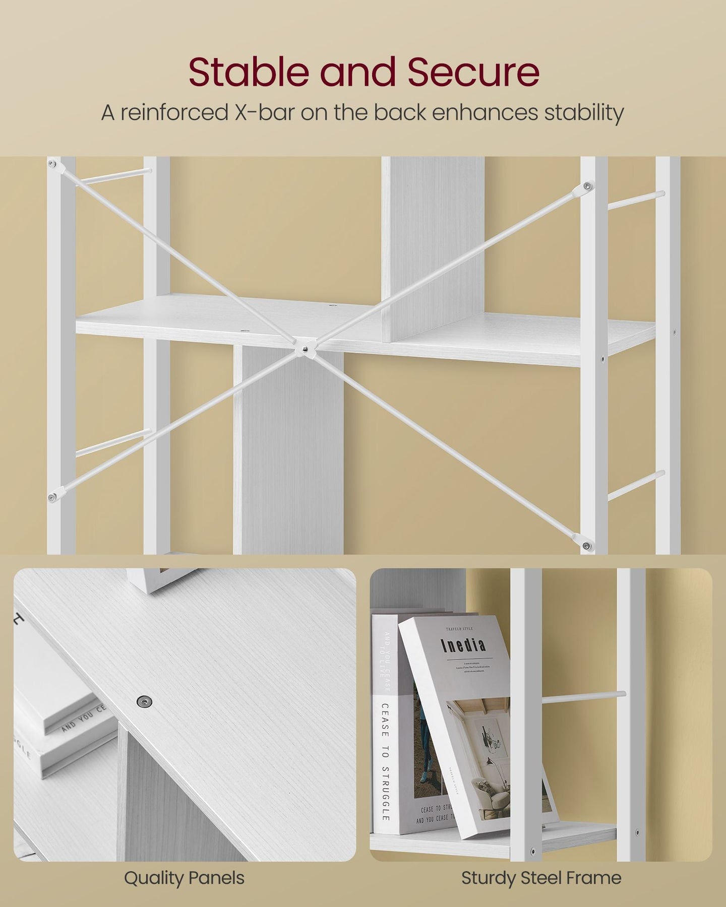 5-Tier Standing Bookshelf - Steel - Maple White - Stable Structure