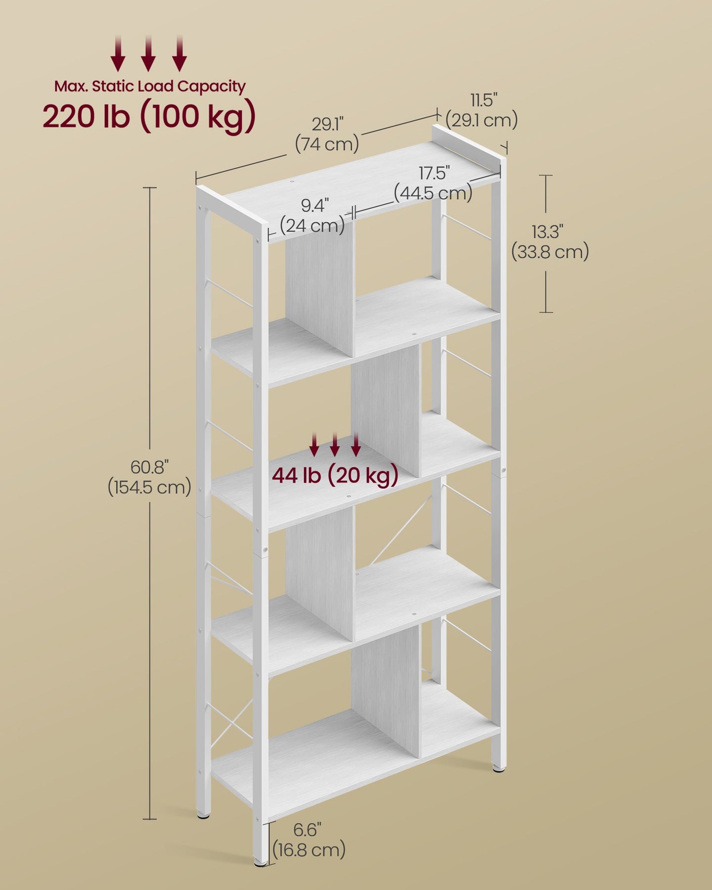 5-Tier Standing Bookshelf - Steel - Maple White - Stable Structure