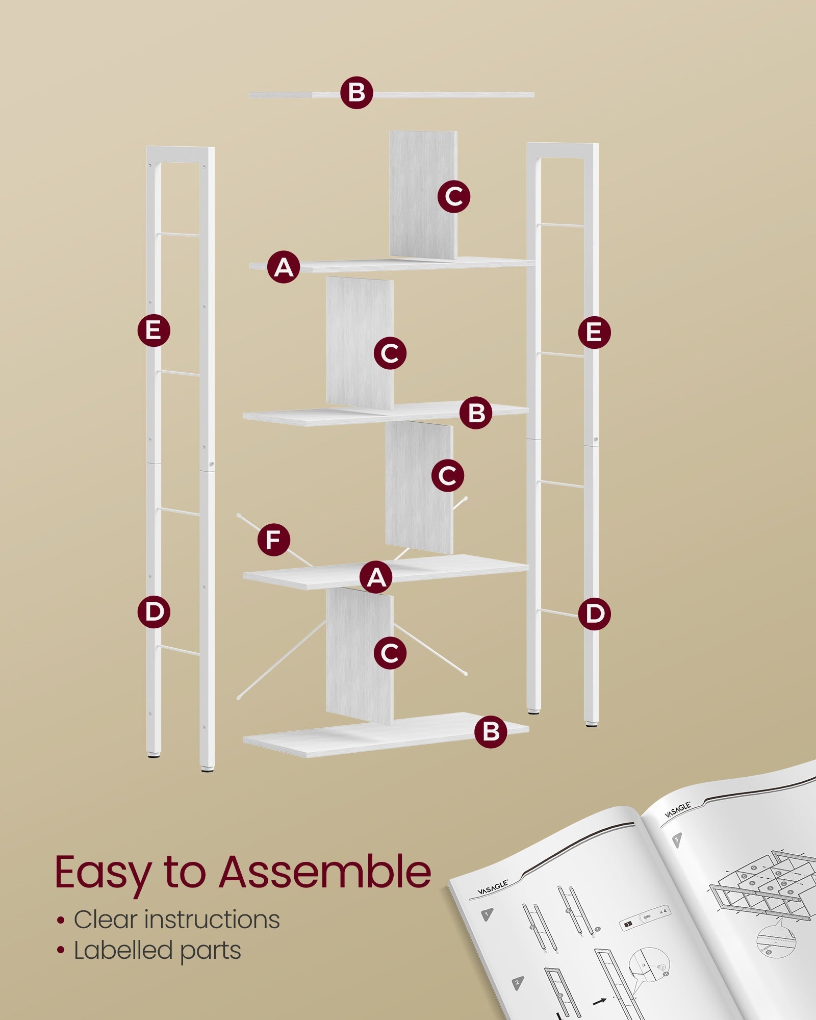5-Tier Standing Bookshelf - Steel - Maple White - Stable Structure