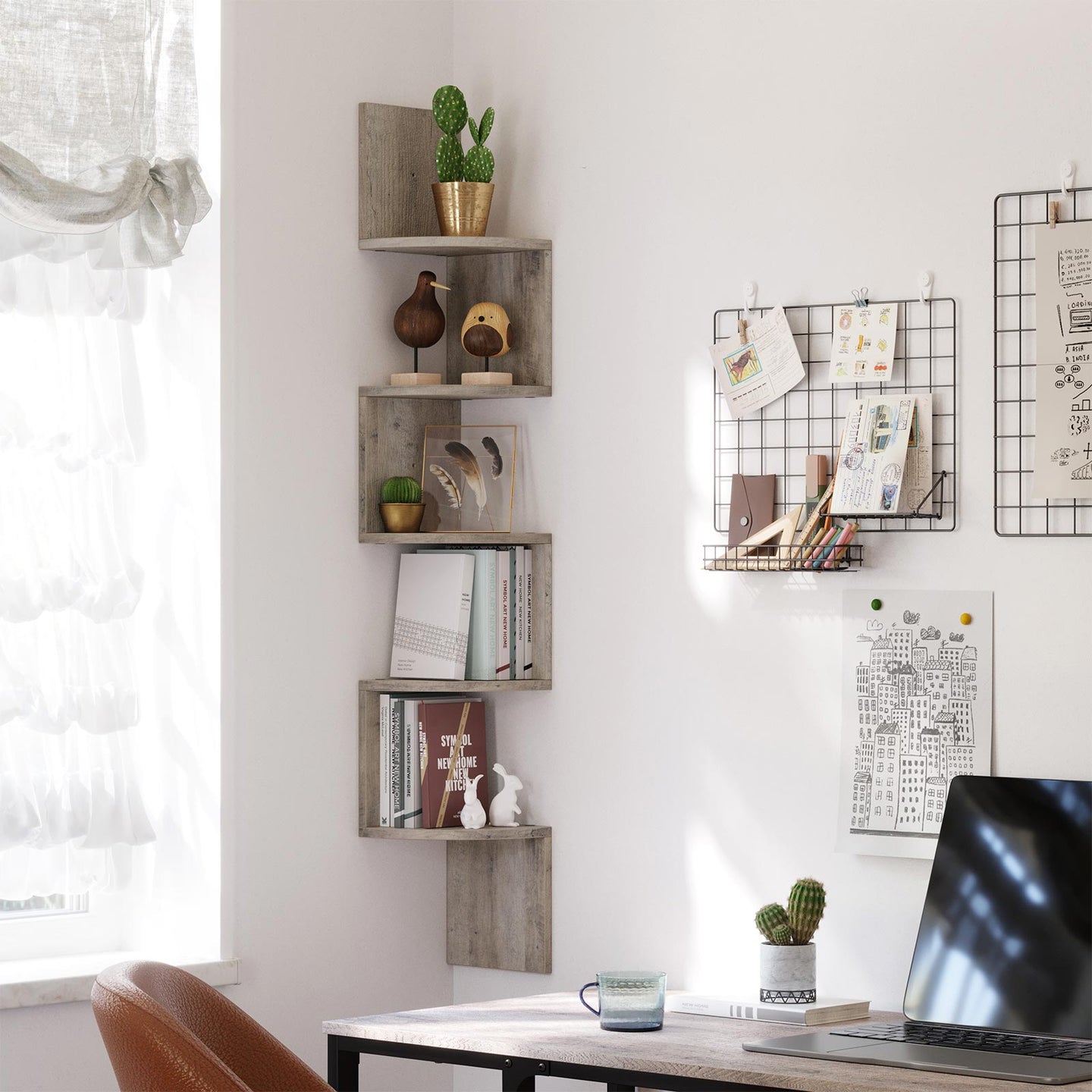 Floating Wall Shelf - 5-Tier Zigzag Design - Greige - Wooden
