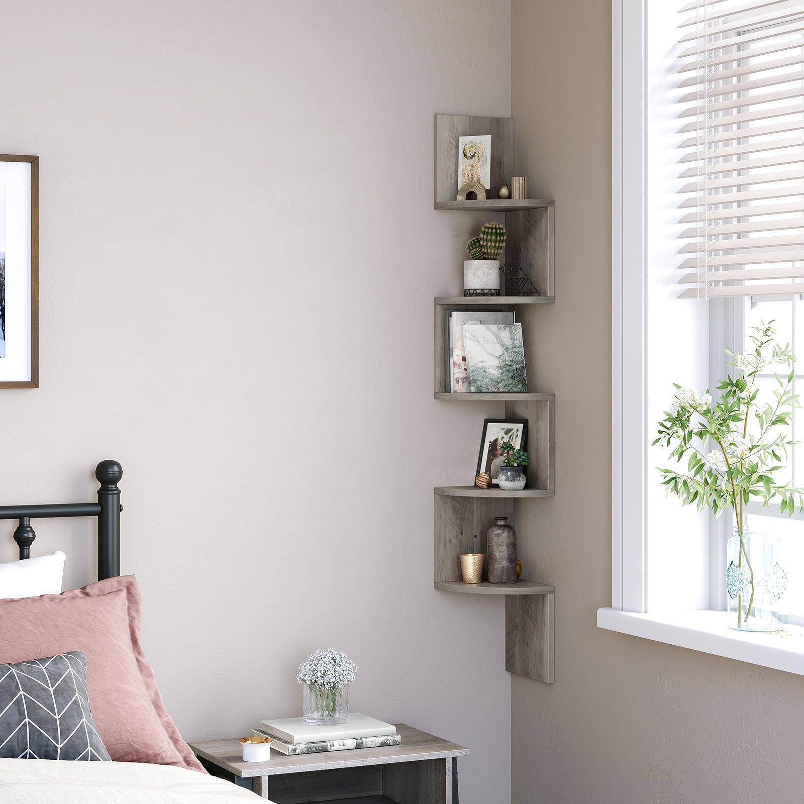 Floating Wall Shelf - 5-Tier Zigzag Design - Greige - Wooden