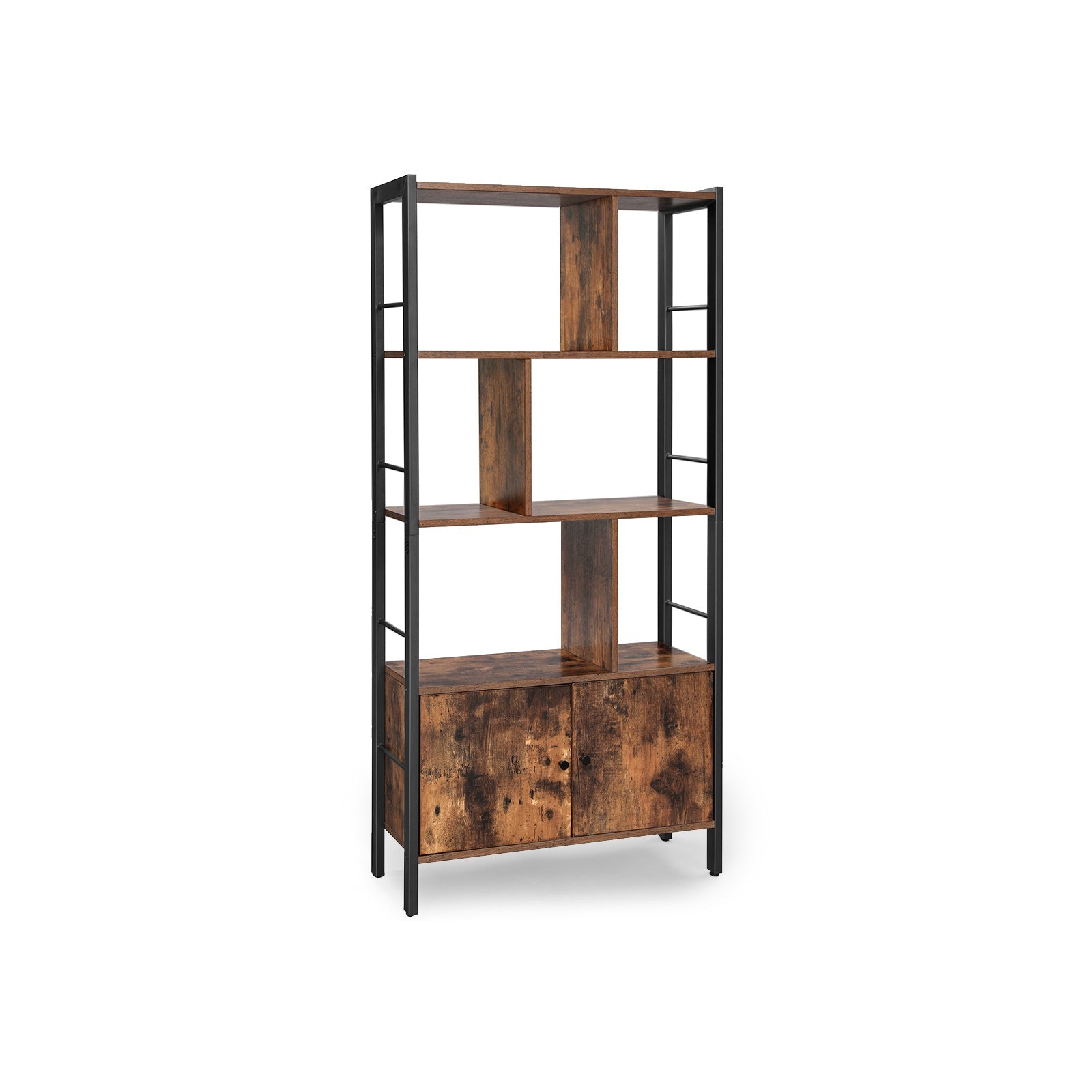 Large Bookcase - Wood and Steel - Rustic Brown - with Doors