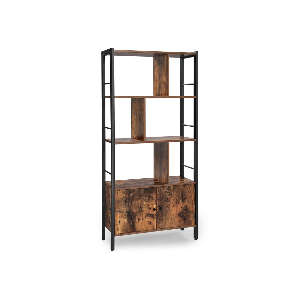 Large Bookcase - Wood and Steel - Rustic Brown - with Doors