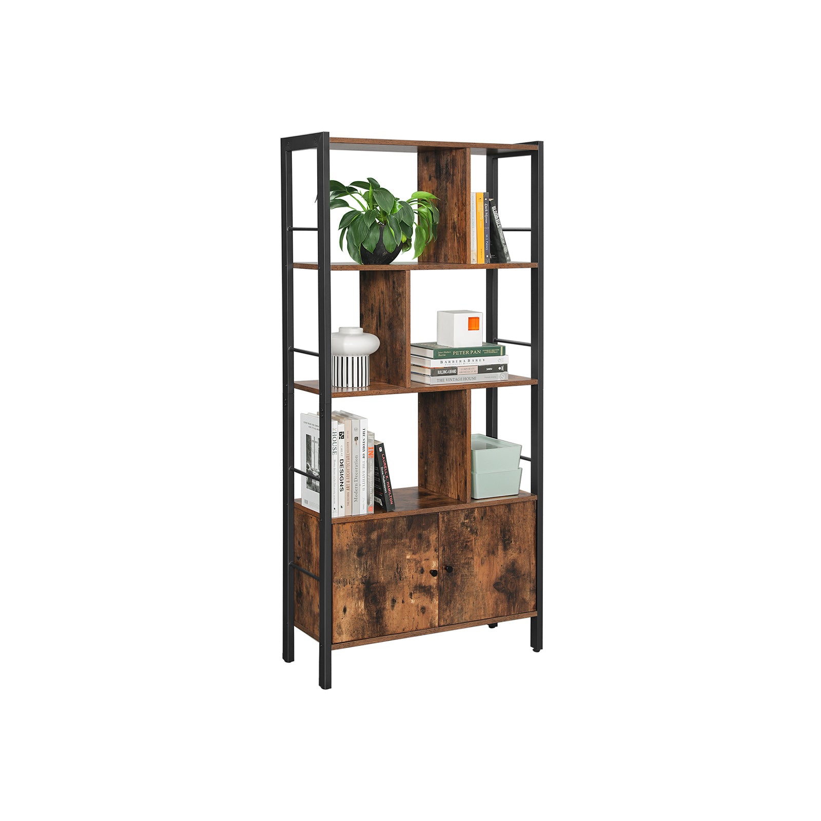 Large Bookcase - Wood and Steel - Rustic Brown - with Doors
