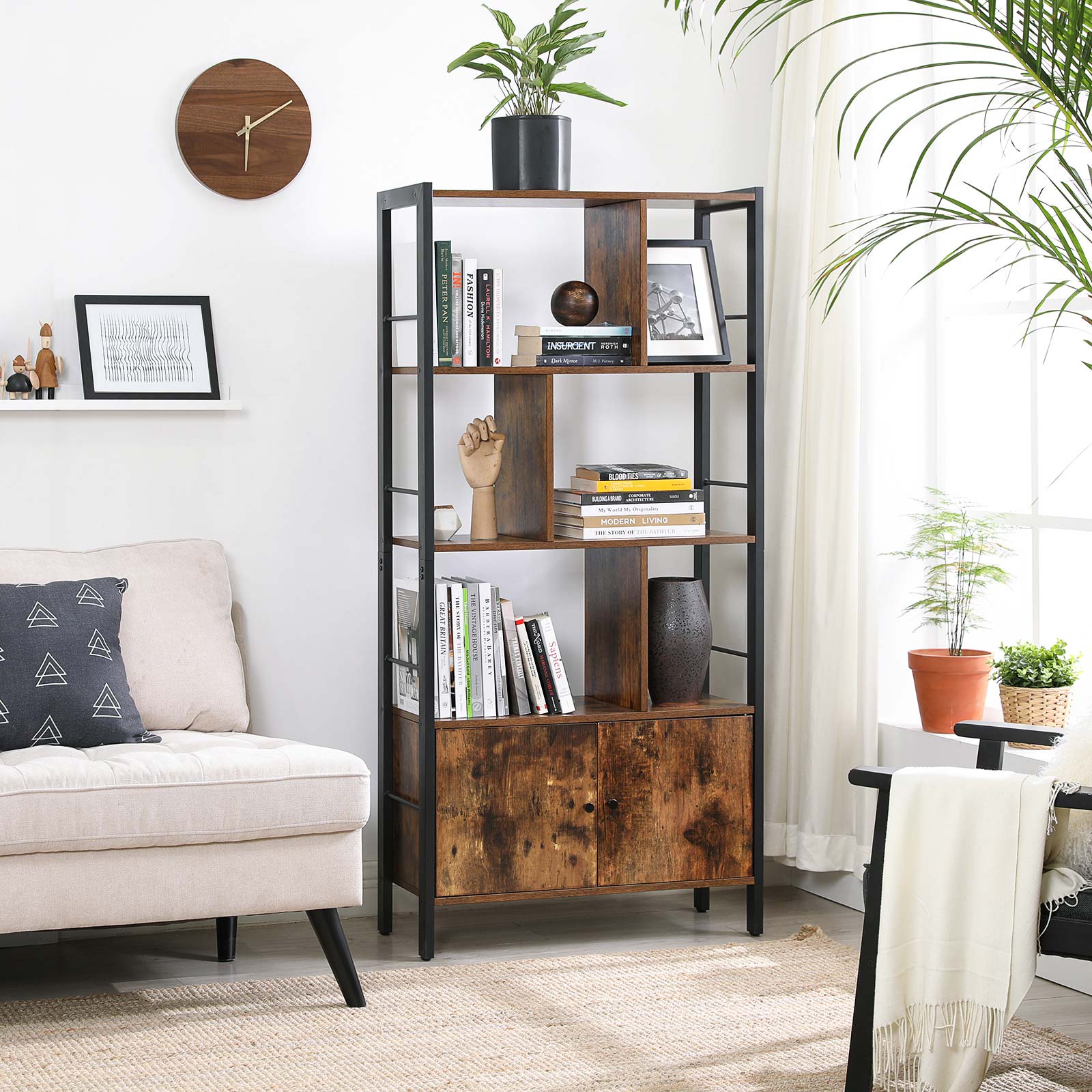 Large Bookcase - Wood and Steel - Rustic Brown - with Doors