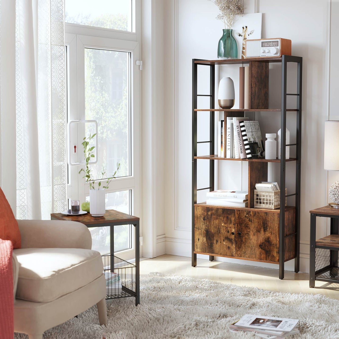 Large Bookcase - Steel - Rustic Brown and Black - Secure and Stable Storage
