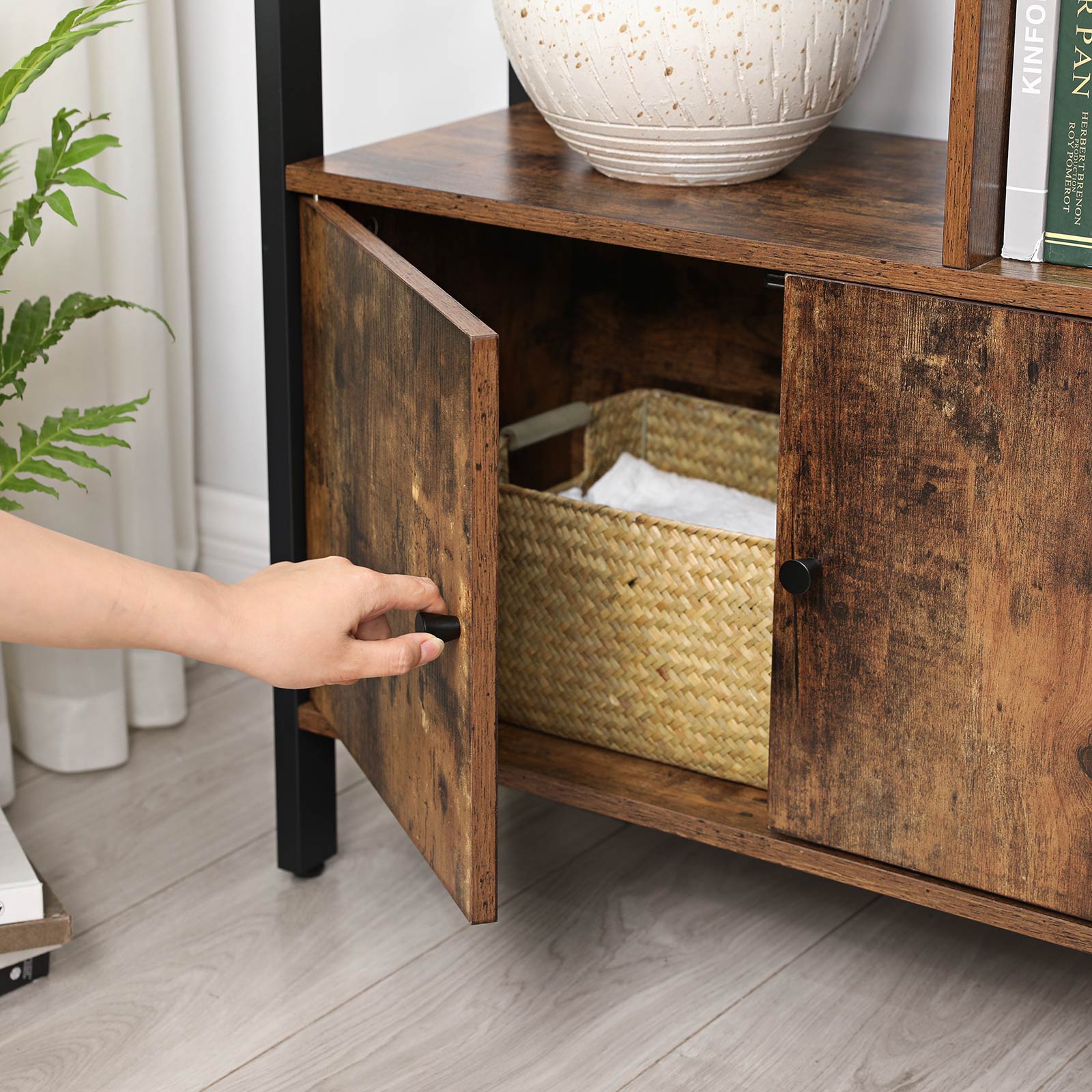 Large Bookcase - Wood and Steel - Rustic Brown - with Doors