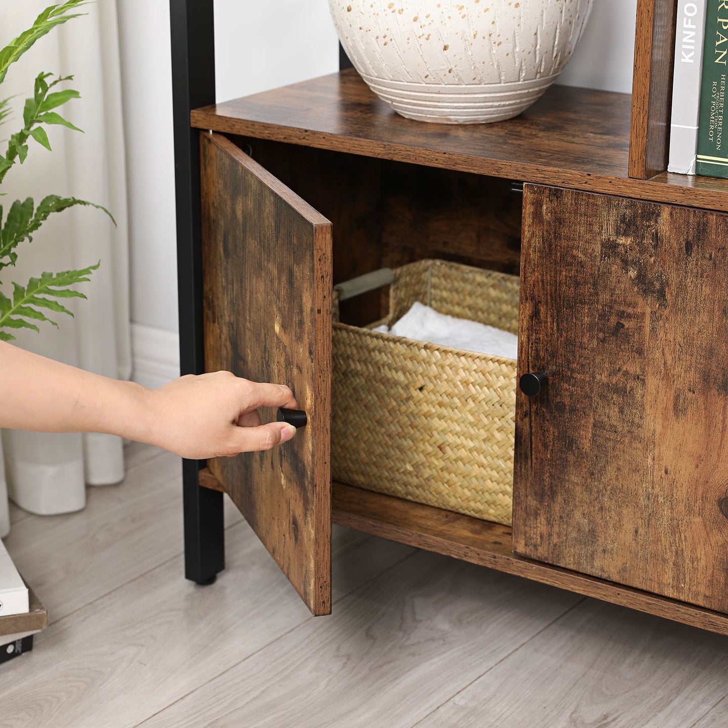Large Bookcase - Wood and Steel - Rustic Brown - with Doors