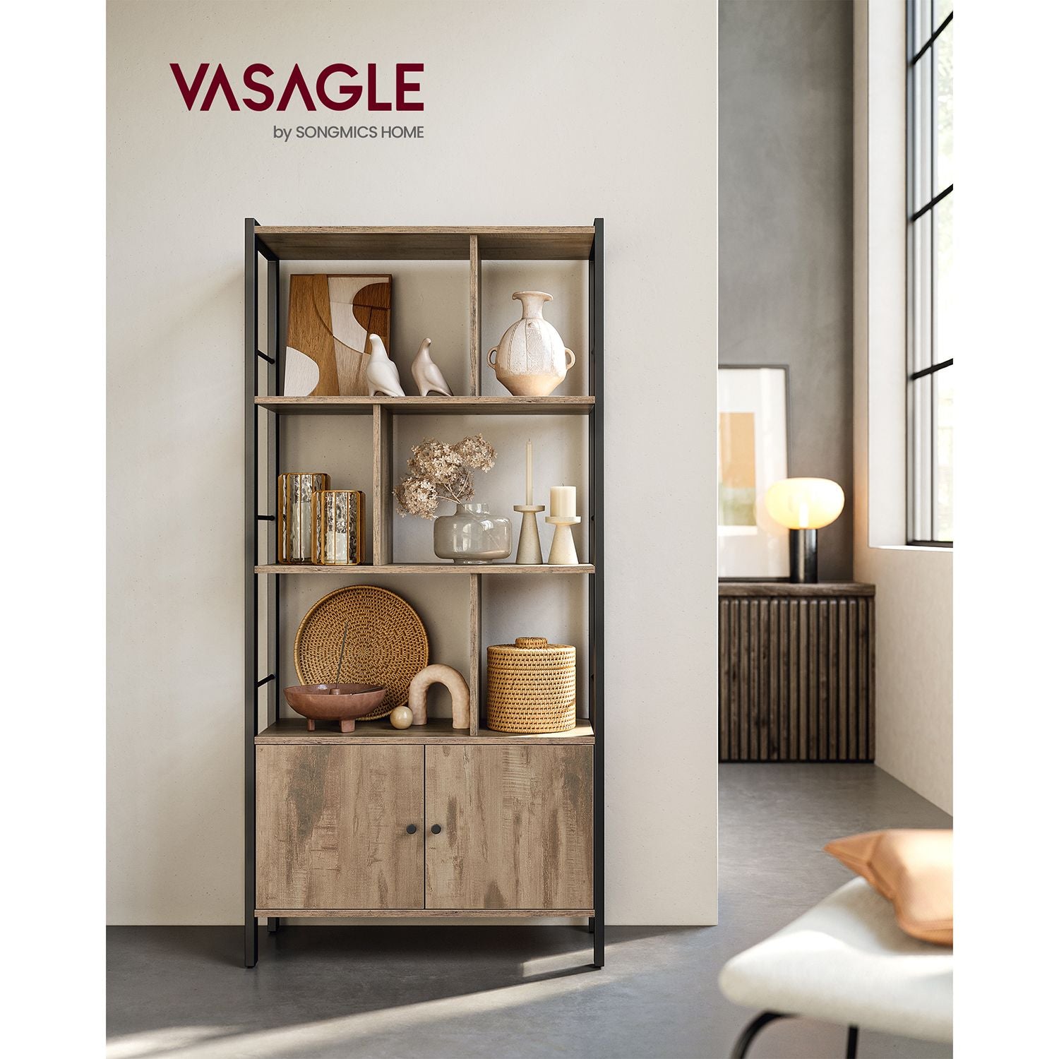 Large Bookcase - Steel - Rustic Brown and Black