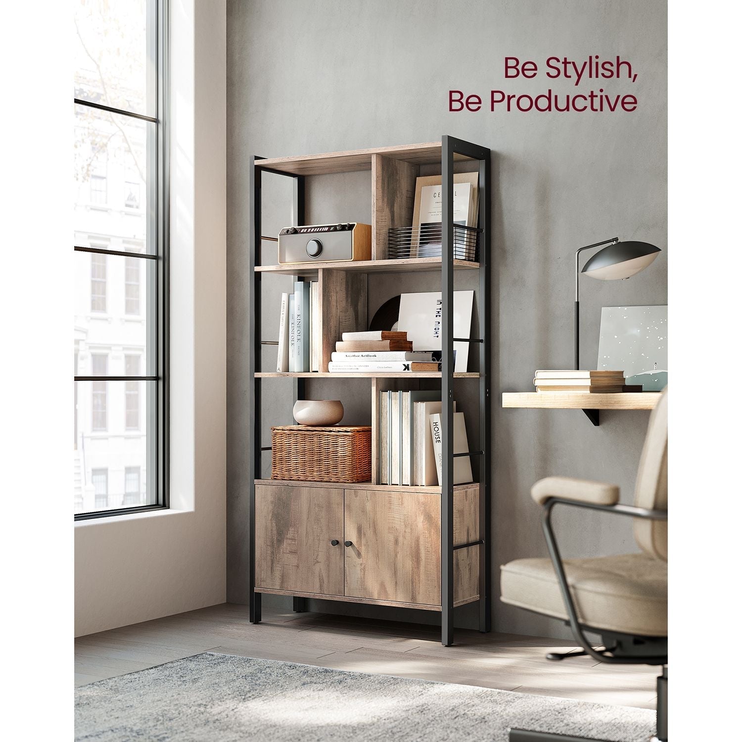 Large Bookcase - Steel - Rustic Brown and Black