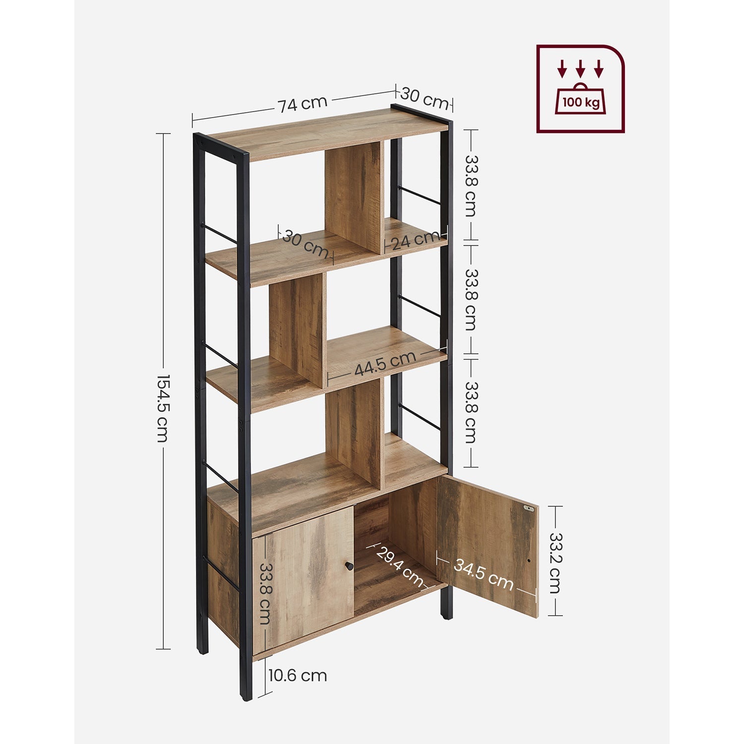 Large Bookcase - Steel - Rustic Brown and Black