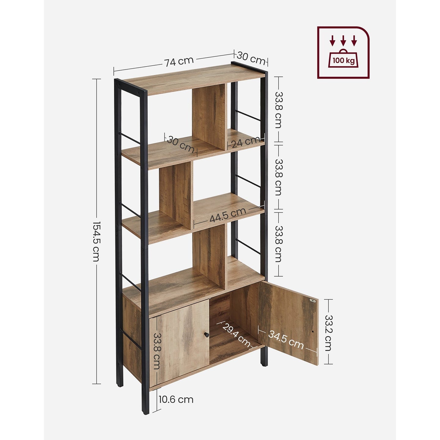 Large Bookcase - Steel - Rustic Brown and Black