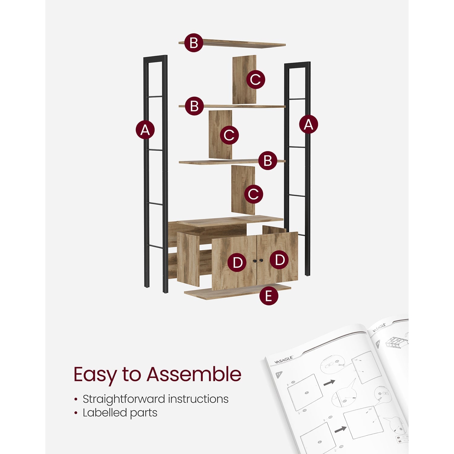 Large Bookcase - Steel - Rustic Brown and Black