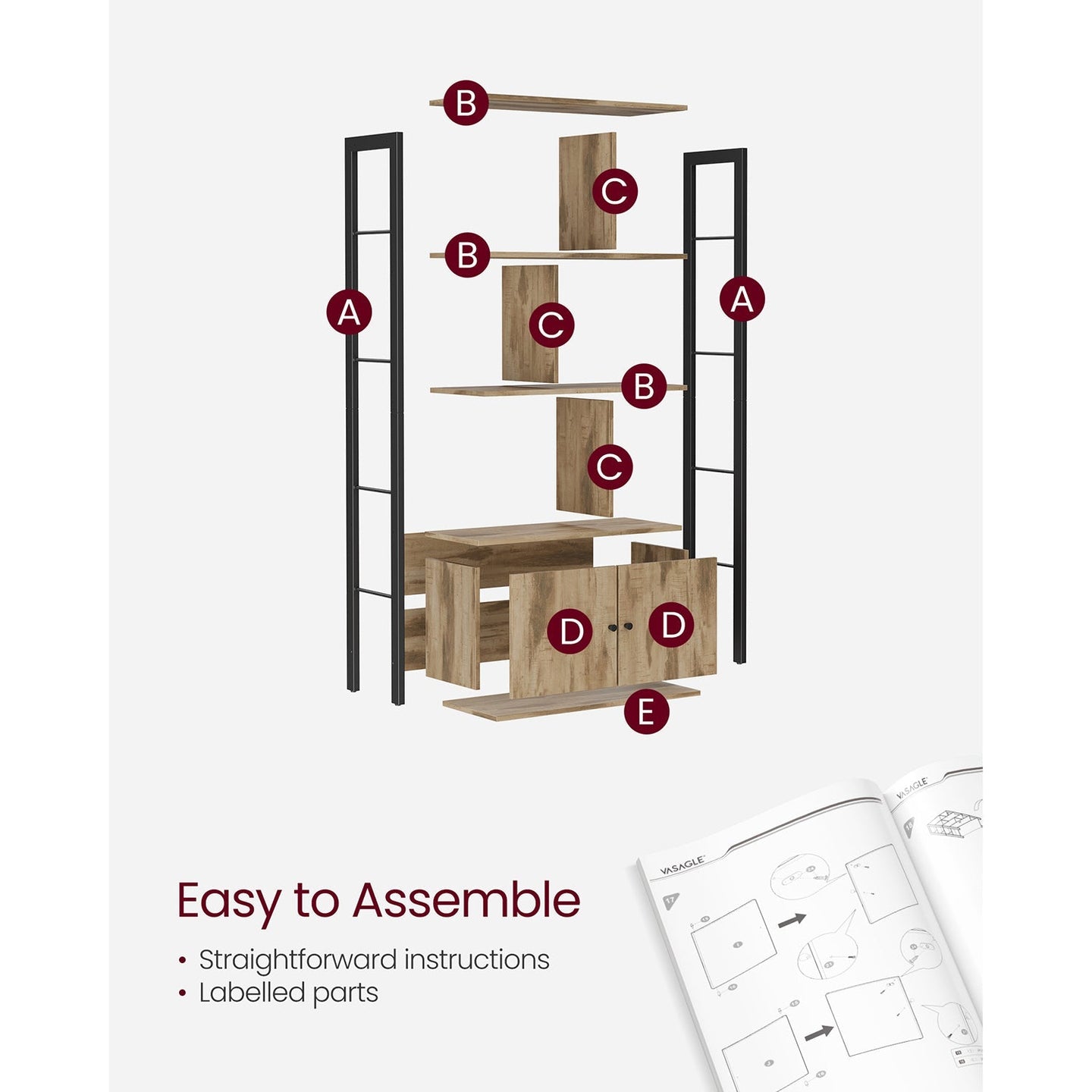 Large Bookcase - Steel - Rustic Brown and Black