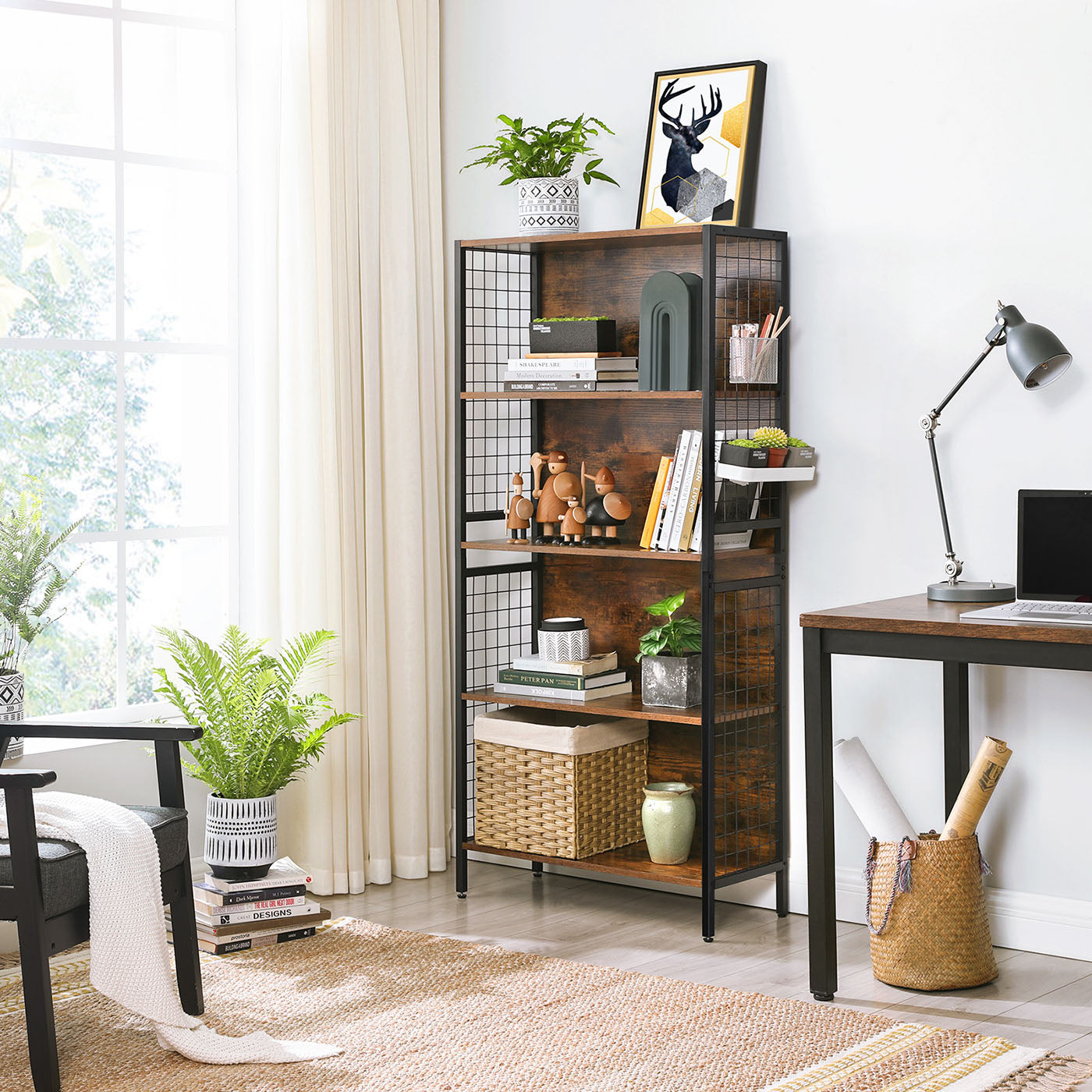 Bookcase - Steel - Rustic Brown and Black - 4 Tiers with S-Shaped Hooks for Storage