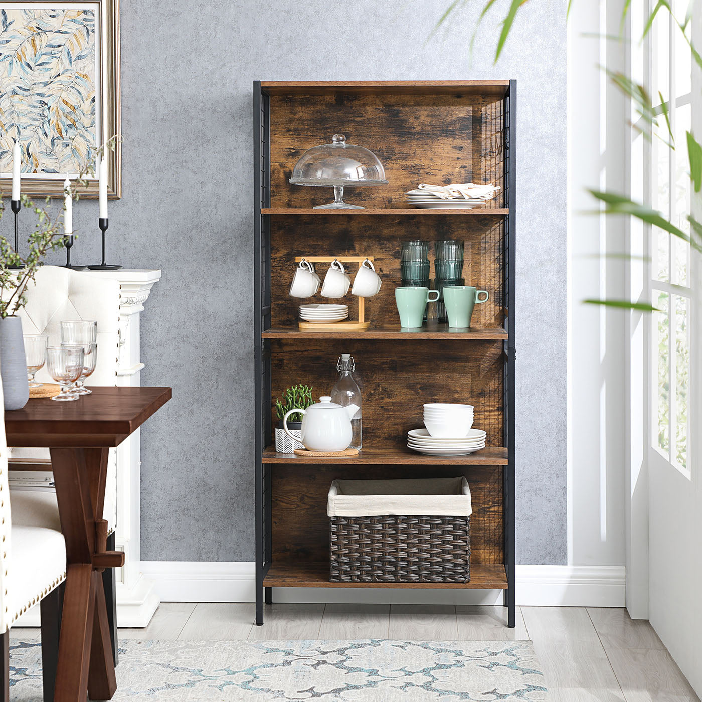 Bookcase - Steel - Rustic Brown and Black - 4 Tiers with S-Shaped Hooks for Storage